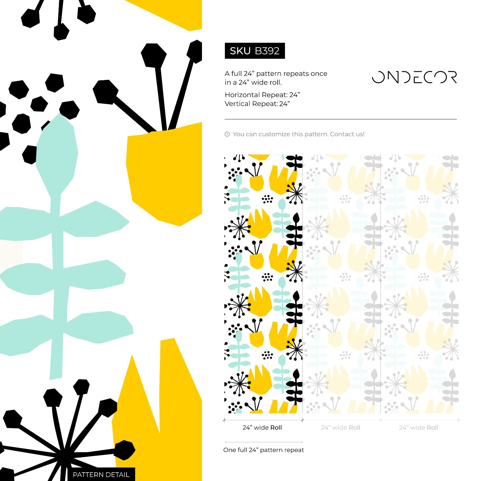 Scandinavian Wallpaper With Abstract Floral Shapes In Yellow, Mint, And Black - B392