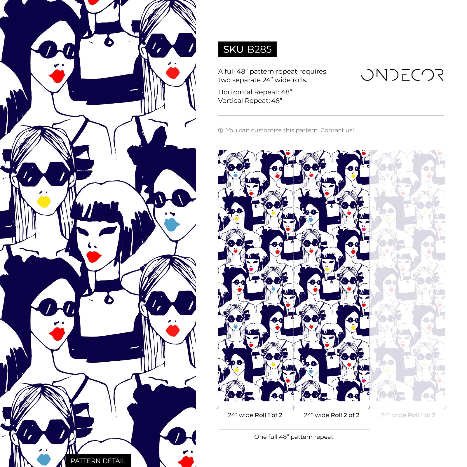 Pop Art Wallpaper Featuring Stylized Fashion Portraits In Black, Red, And Blue - B285