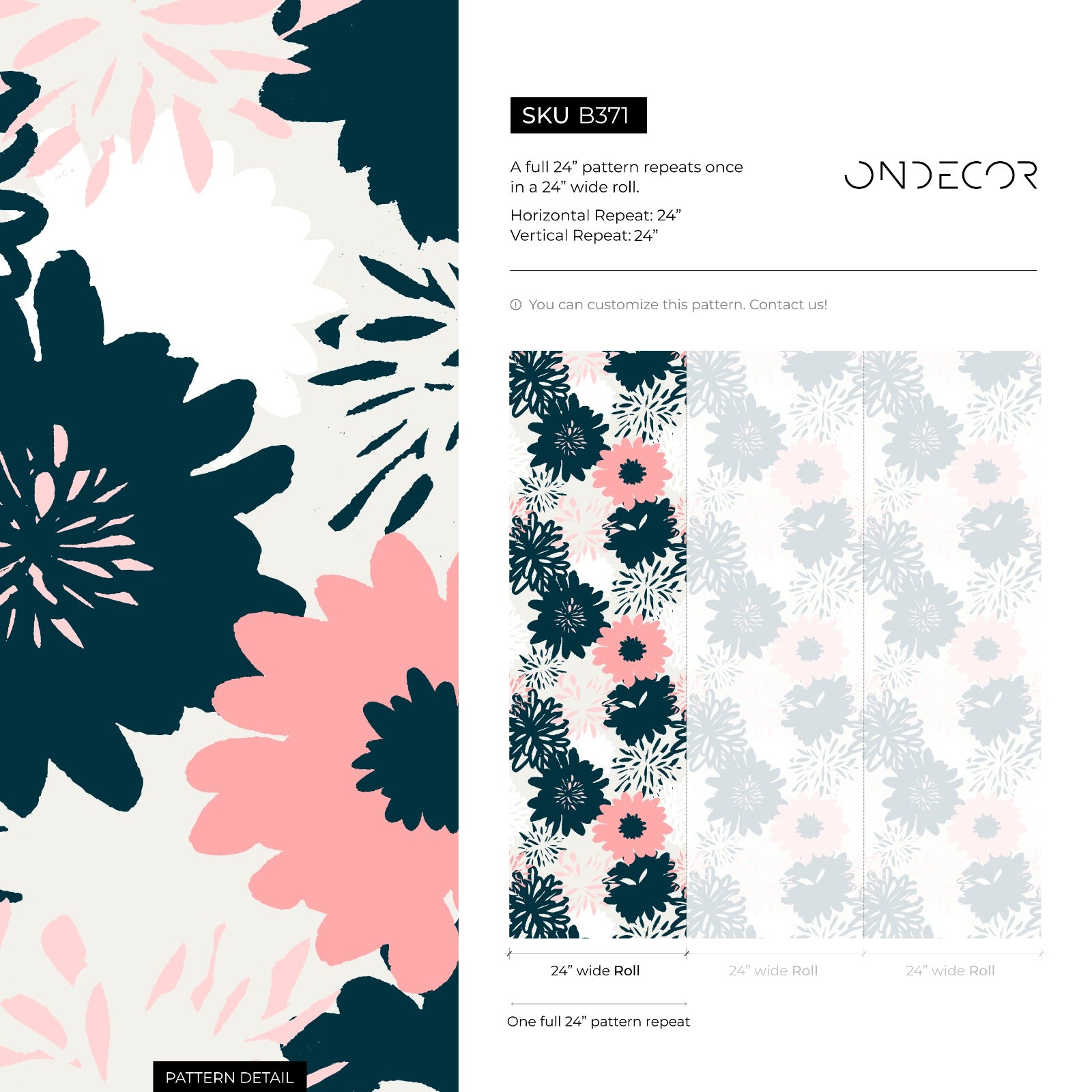 Floral Wallpaper With Bold Graphic Blooms In Navy And Pink - B371