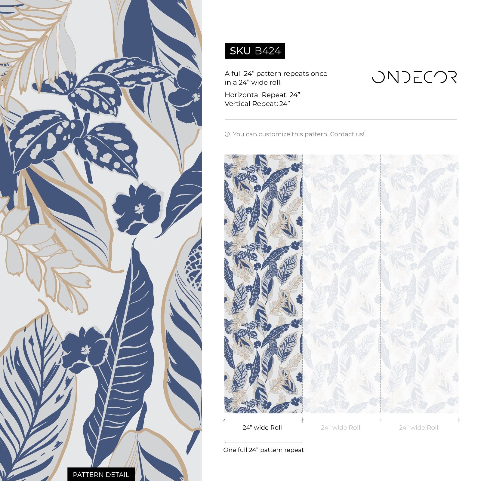 Botanical Wallpaper With Tropical Foliage And Flowers In Blue, Beige, And Gray - B424