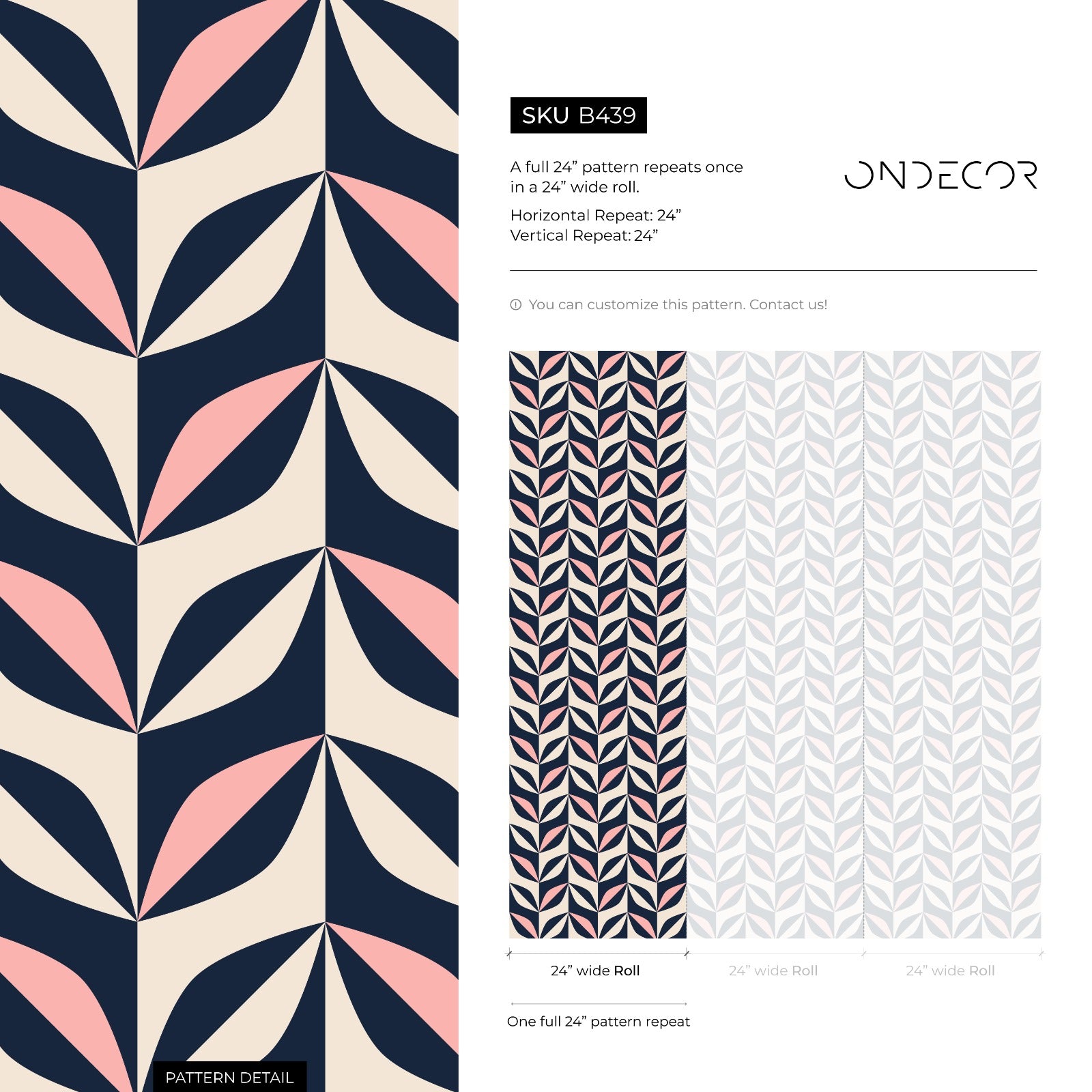 Geometric Wallpaper With A Retro Petal Motif In Navy Blue, Pink, And Beige - B439