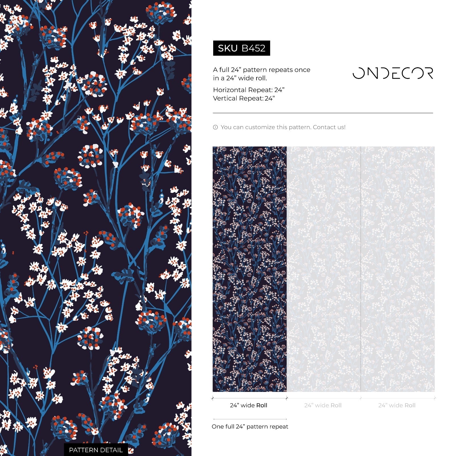Botanical Wallpaper Featuring Wildflower Sprigs In Navy Blue, Red, And White - B452