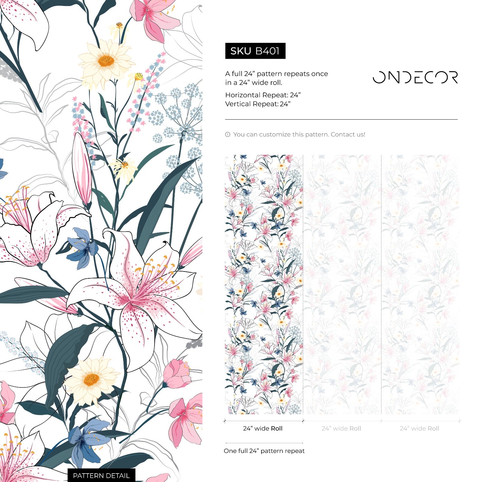 Floral Wallpaper With Hand-drawn Lilies And Wildflowers In Pink, Blue, And Yellow - B401