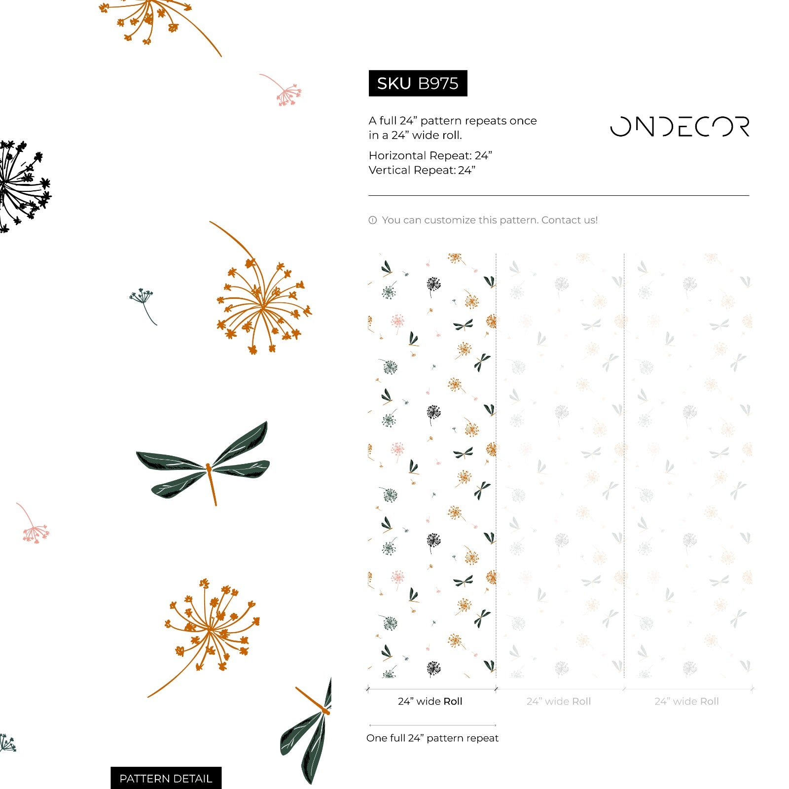 Botanical Wallpaper With Dandelions And Dragonflies In Green, Orange, And Pink - B975