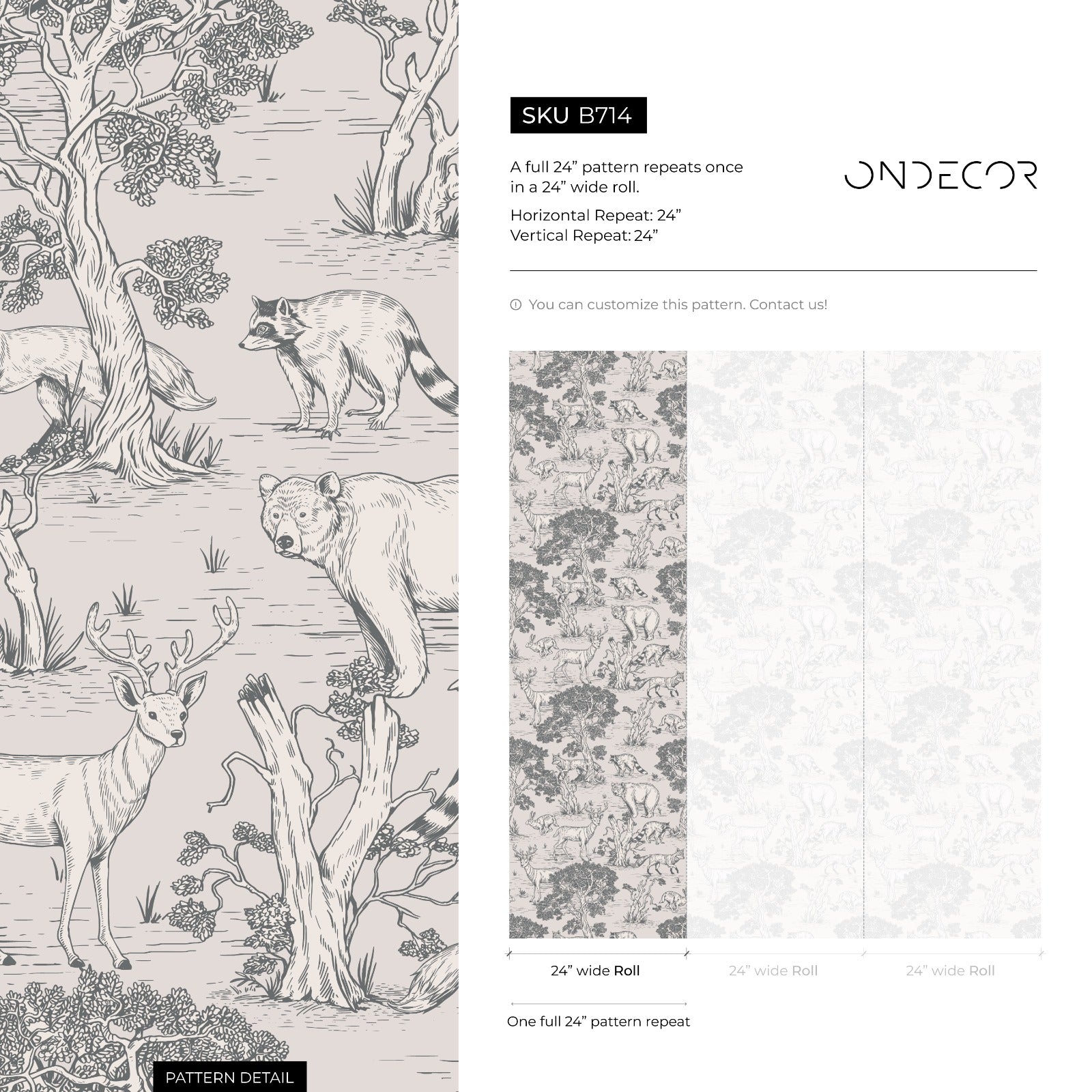 Woodland Wallpaper Featuring Bears, Deer, And Foxes In Gray And Beige - B714