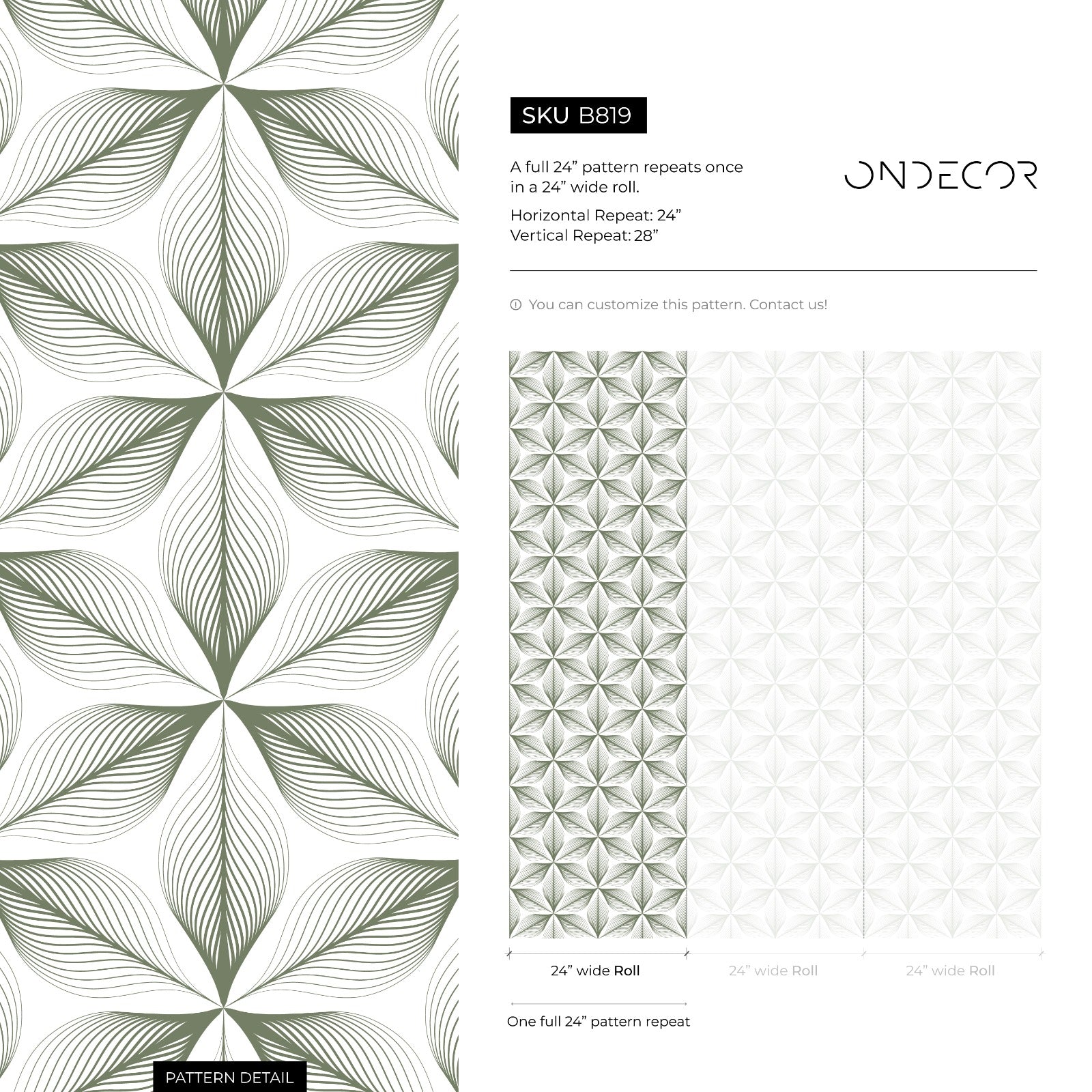Geometric Wallpaper With A Linear Floral Motif In Green - B819