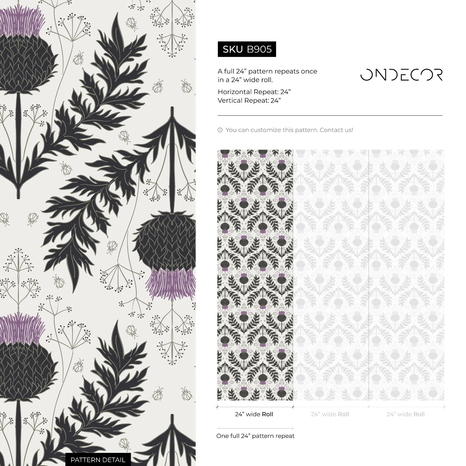 Botanical Wallpaper With A Scottish Thistle Motif In Black, Purple, And Gray - B905