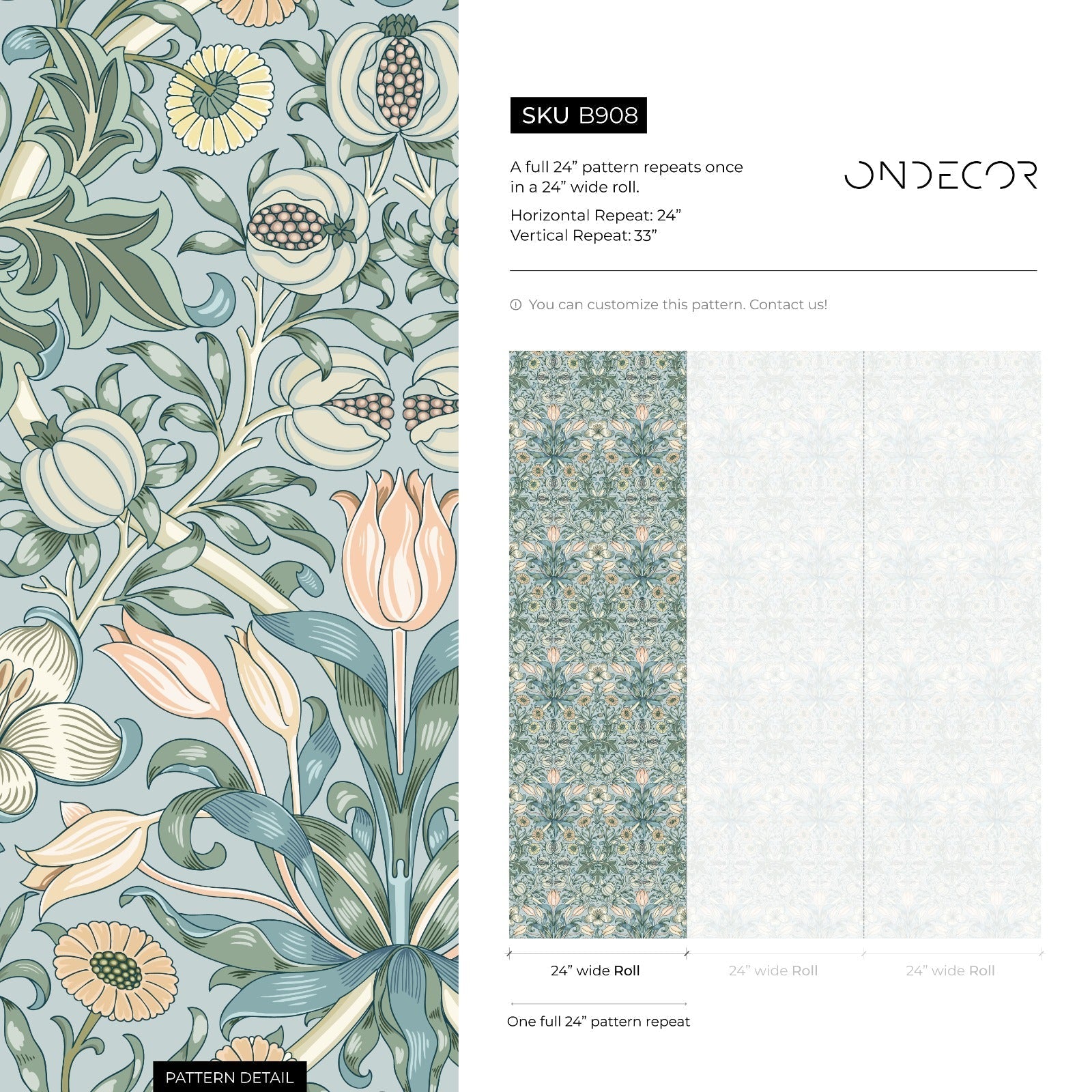 Art Nouveau Wallpaper With A Floral And Fruit Motif In Blue, Green, And Peach - B908