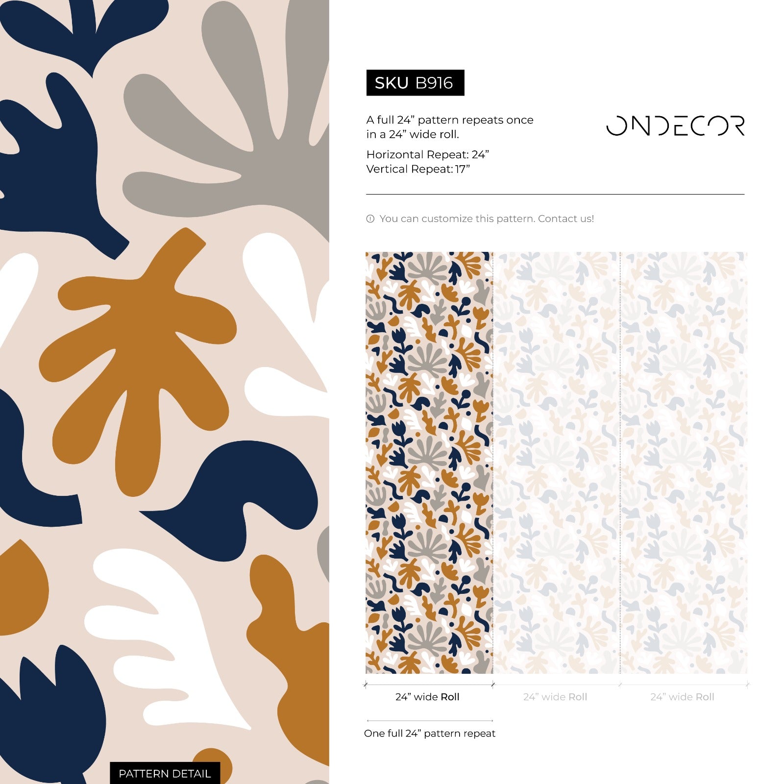 Scandinavian Wallpaper With Abstract Botanicals In Navy, Ochre, And Gray - B916