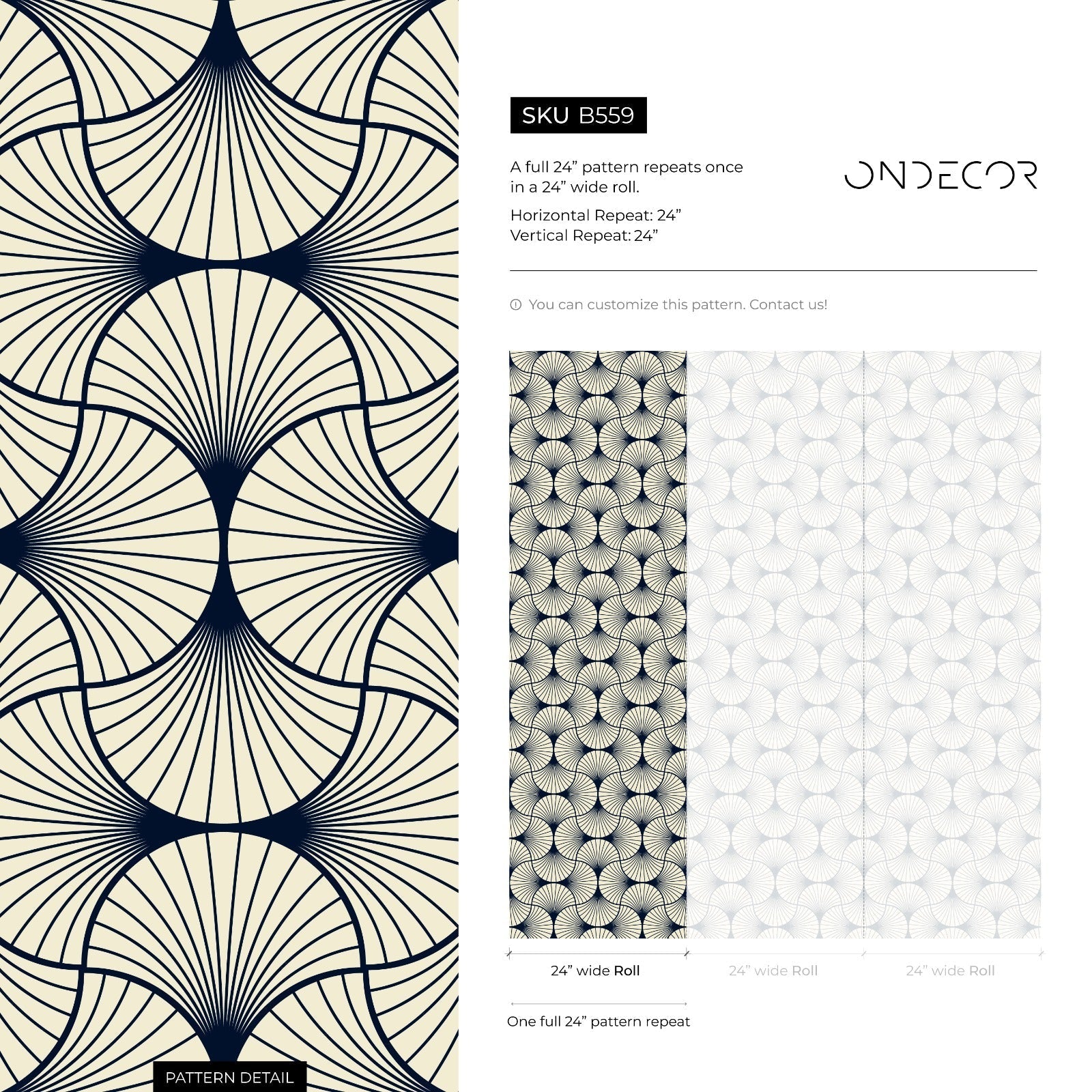 Art Deco Wallpaper With An Elegant Fan Pattern In Navy Blue And Cream - B559