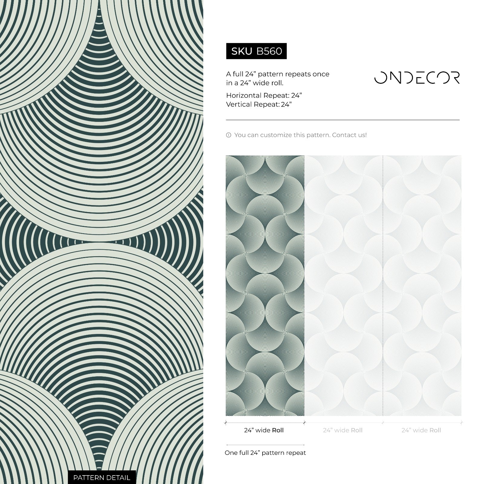 Art Deco Wallpaper With A Scalloped Fan Motif In Dark Teal And Cream - B560