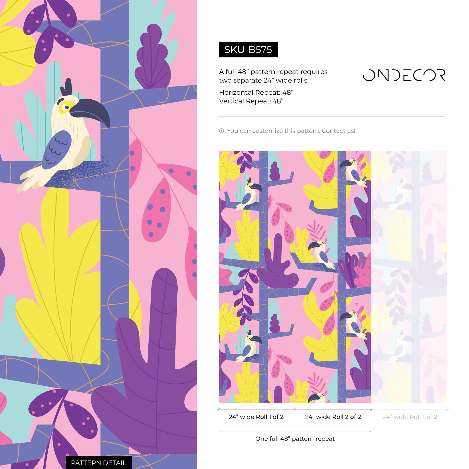Jungle Wallpaper With Stylized Toucans In Pink, Purple, And Yellow - B575