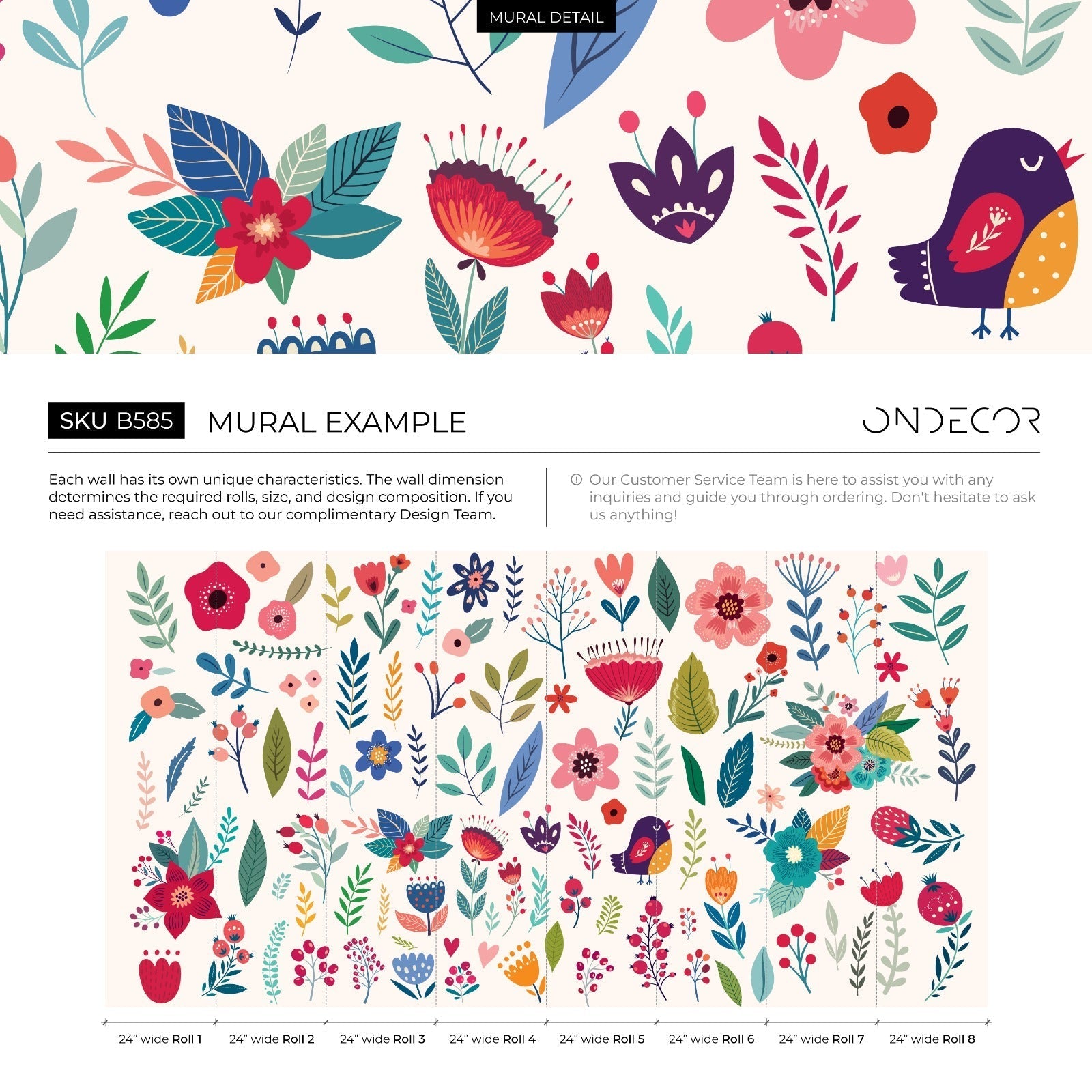 Floral Wallpaper With Folk Art Birds And Blooms In Pink, Blue, And Green - B585