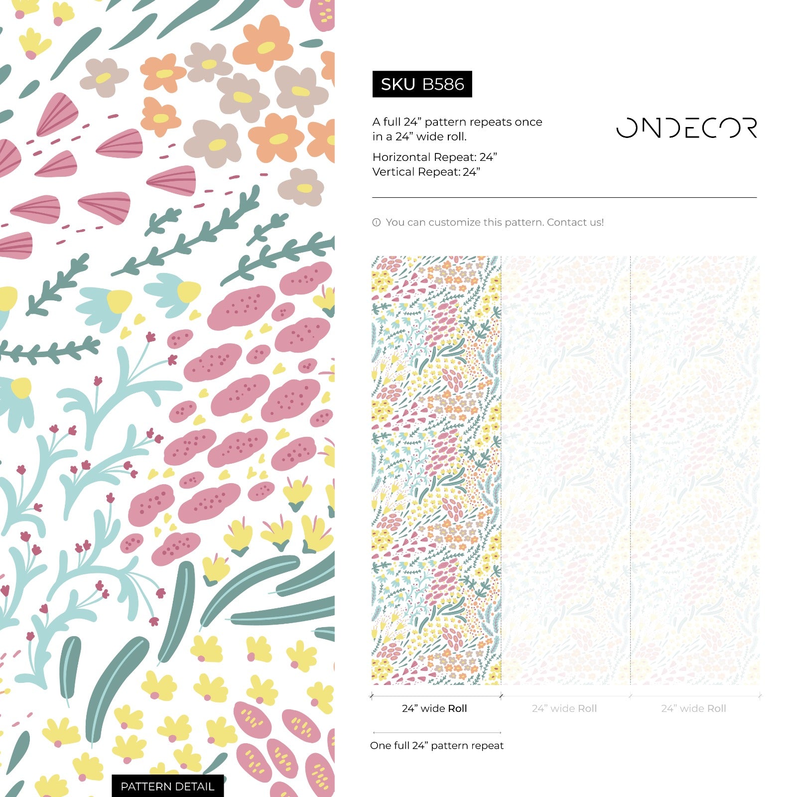 Floral Wallpaper With Abstract Wildflowers In Pink, Yellow, And Teal - B586