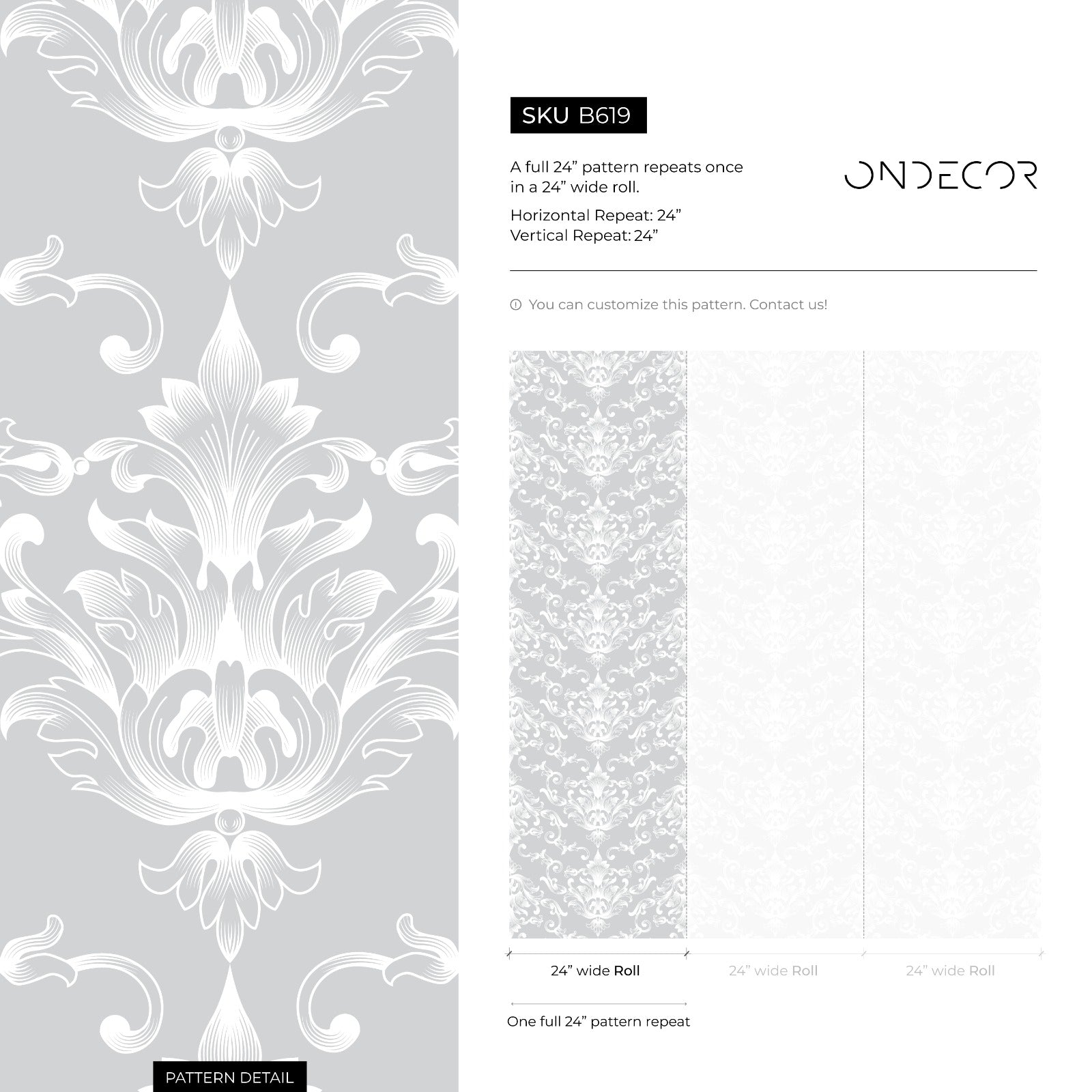Damask Wallpaper With An Elegant Scroll Motif In Light Gray And White - B619