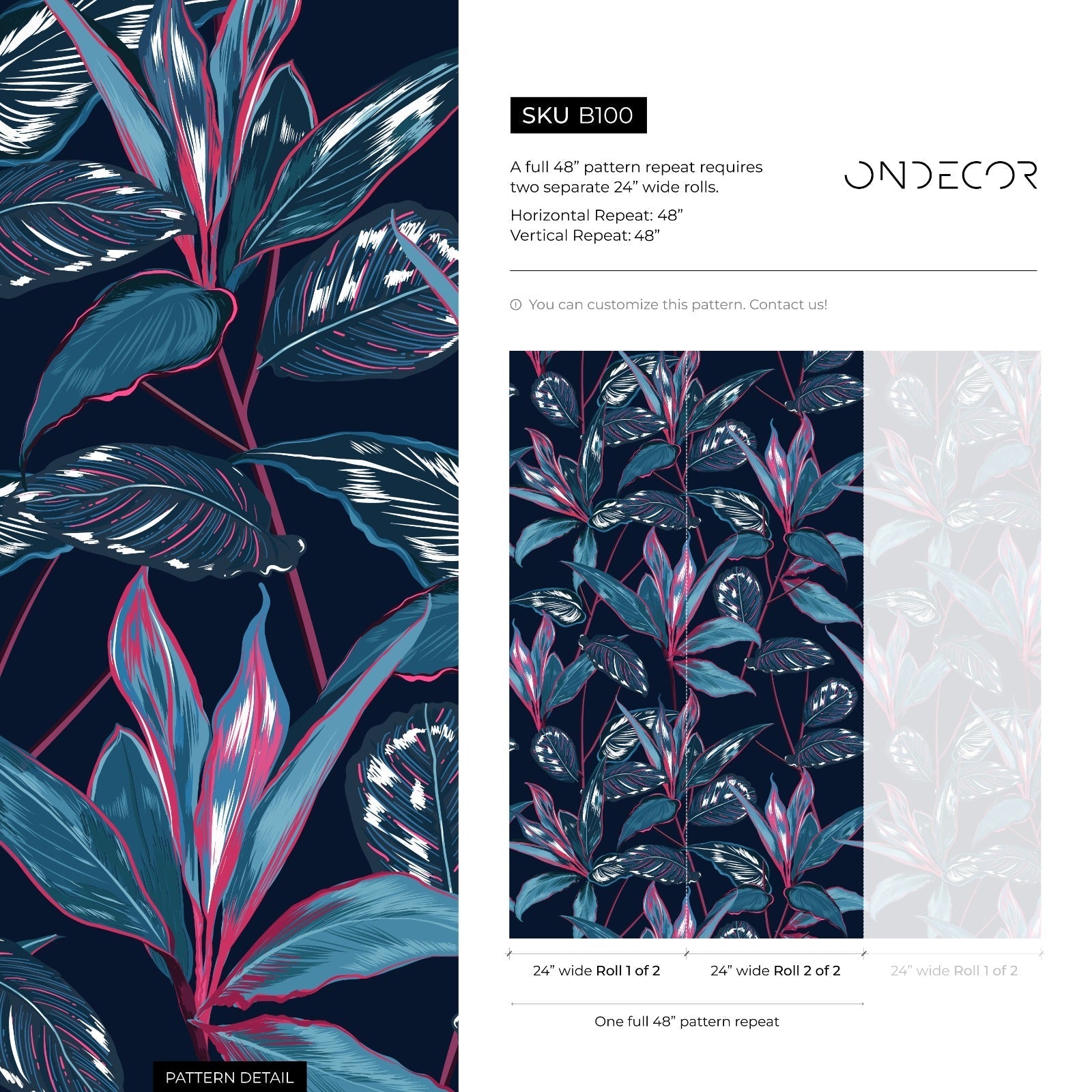 Botanical Wallpaper Featuring Tropical Leaves In Navy, Teal, And Magenta - B100