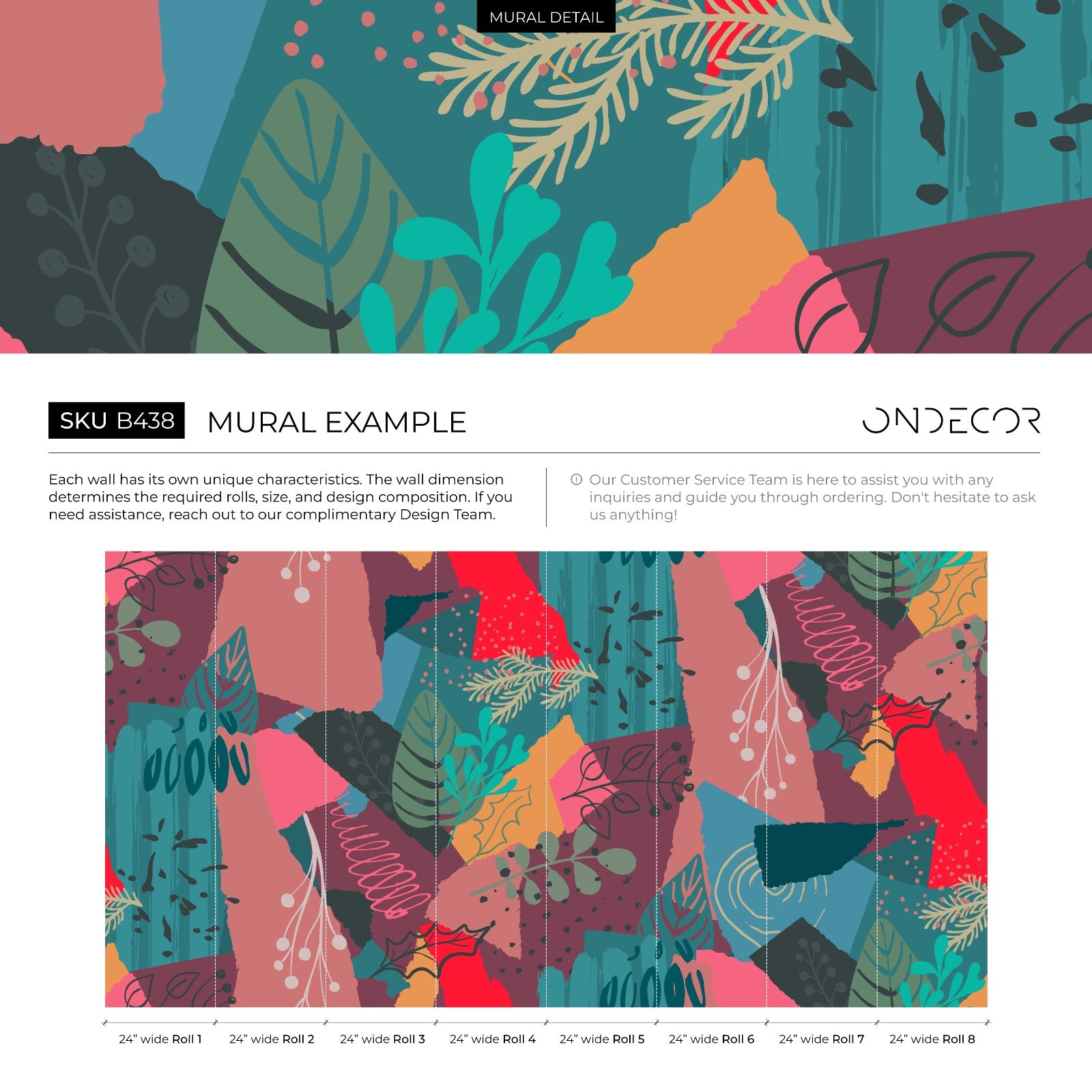 Abstract Wallpaper With A Botanical Collage In Teal, Red, And Pink - B438