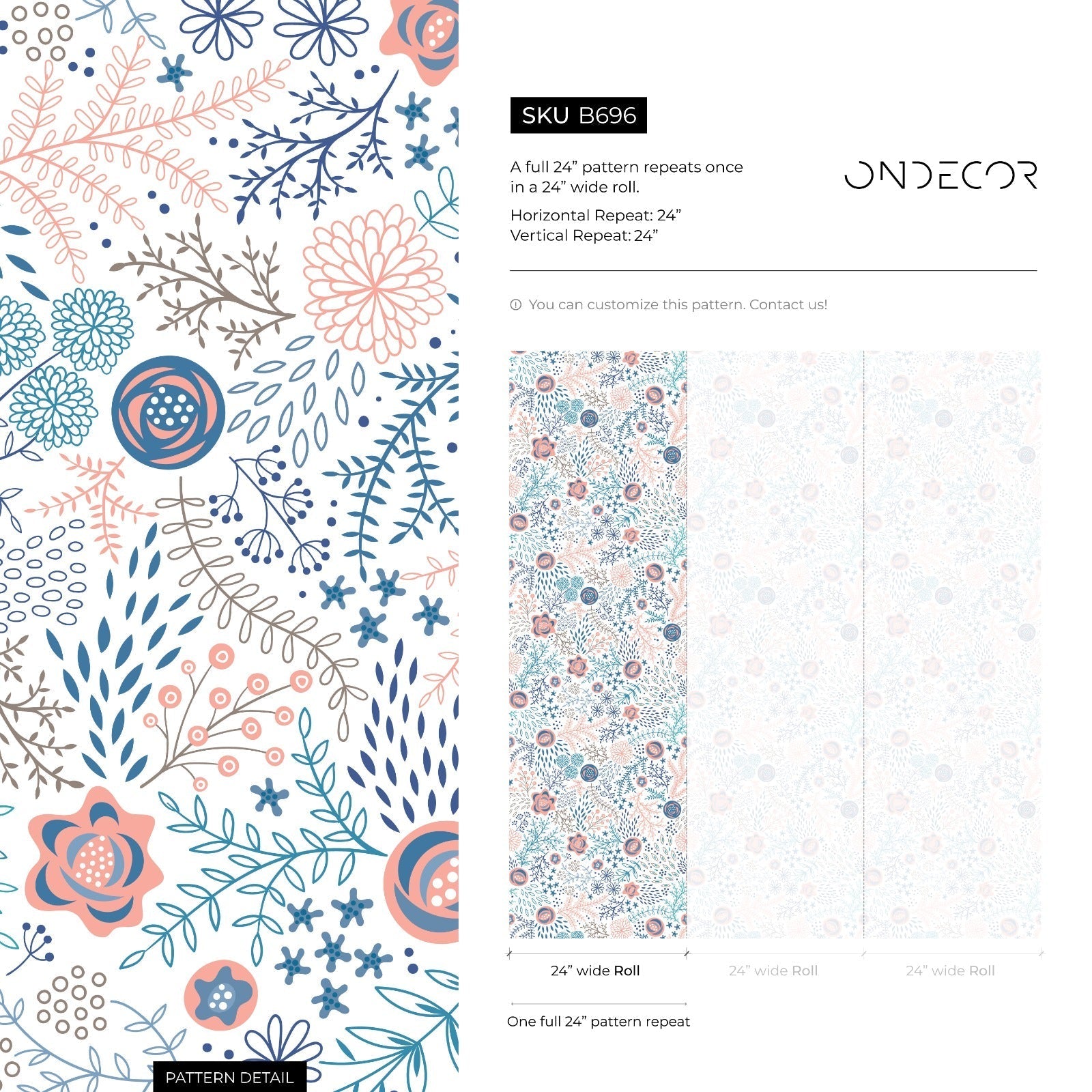 Floral Wallpaper With Stylized Meadow Blooms In Coral, Blue, And Teal - B696