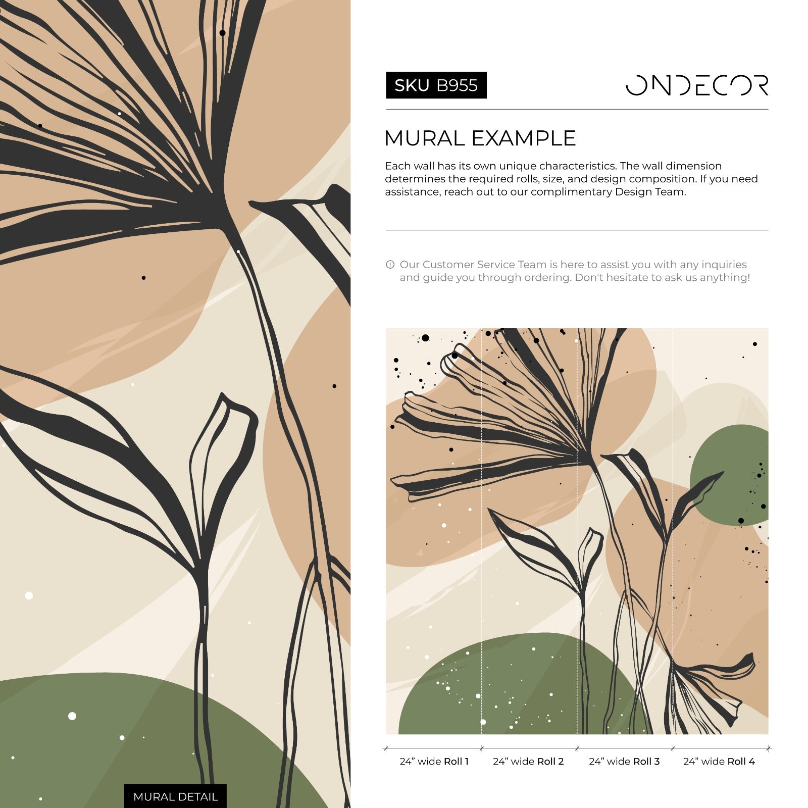 Abstract Wallpaper With Botanical Line Art In Green, Brown, And Black - B955