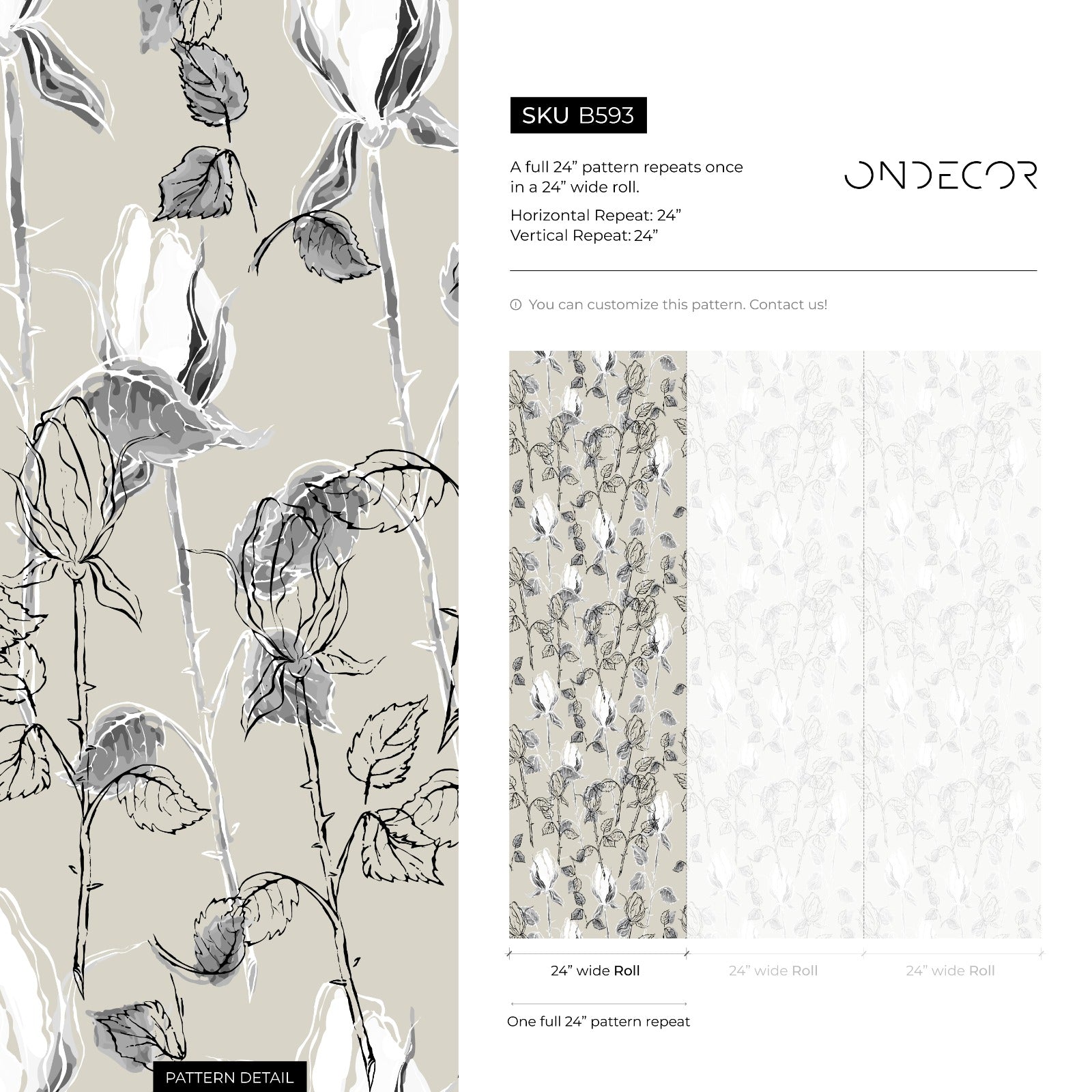 Floral Wallpaper With A Sketch Style Rose Motif In Beige And Black - B593
