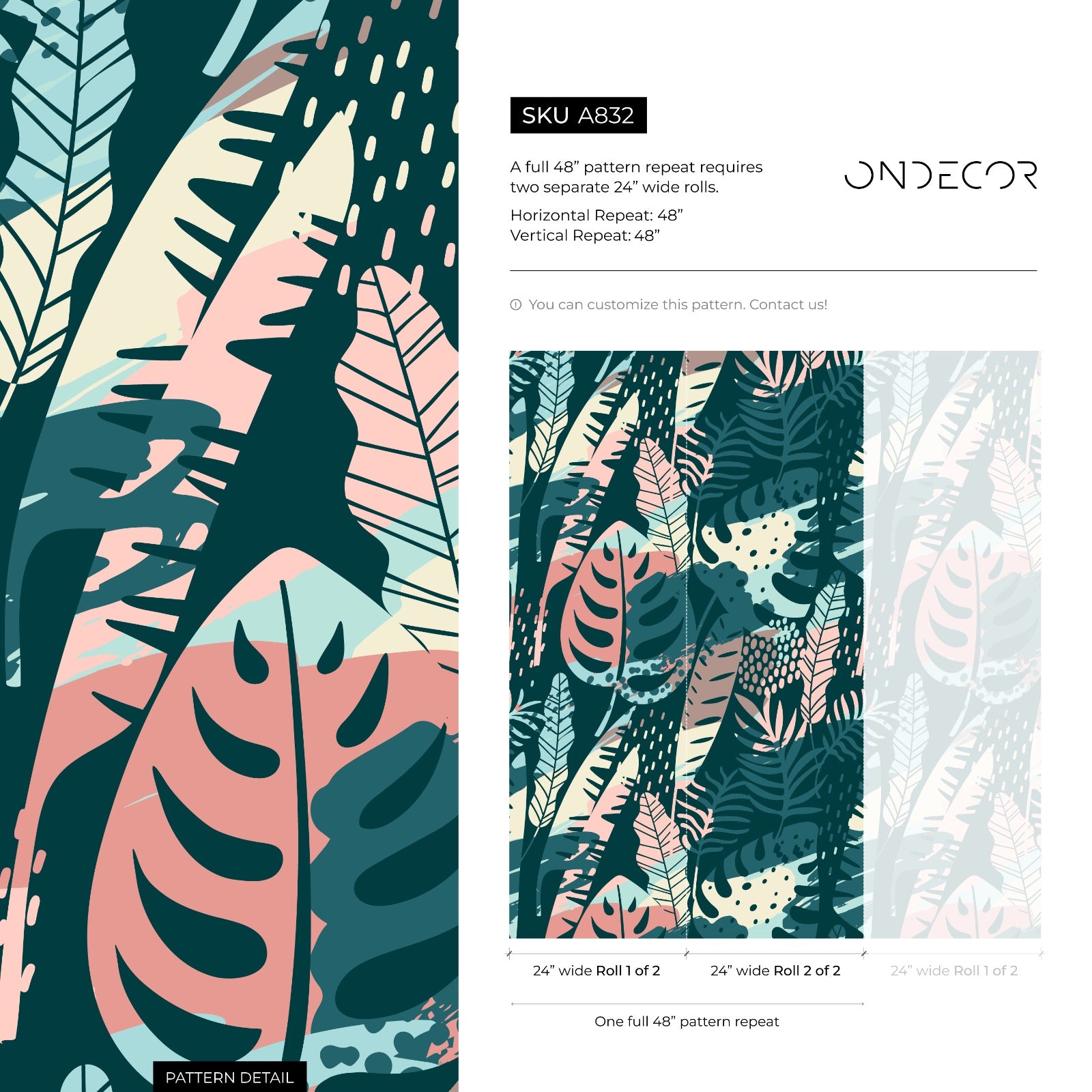 Abstract Jungle Wallpaper With Stylized Leaves In Teal, Pink, And Beige - A832