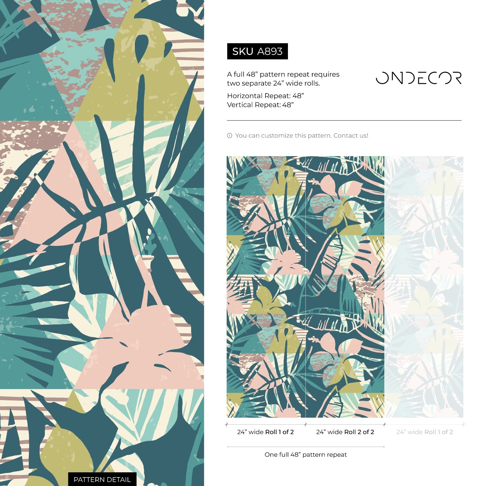 Abstract Tropical Wallpaper With Geometric Foliage In Teal, Pink, And Green - A893