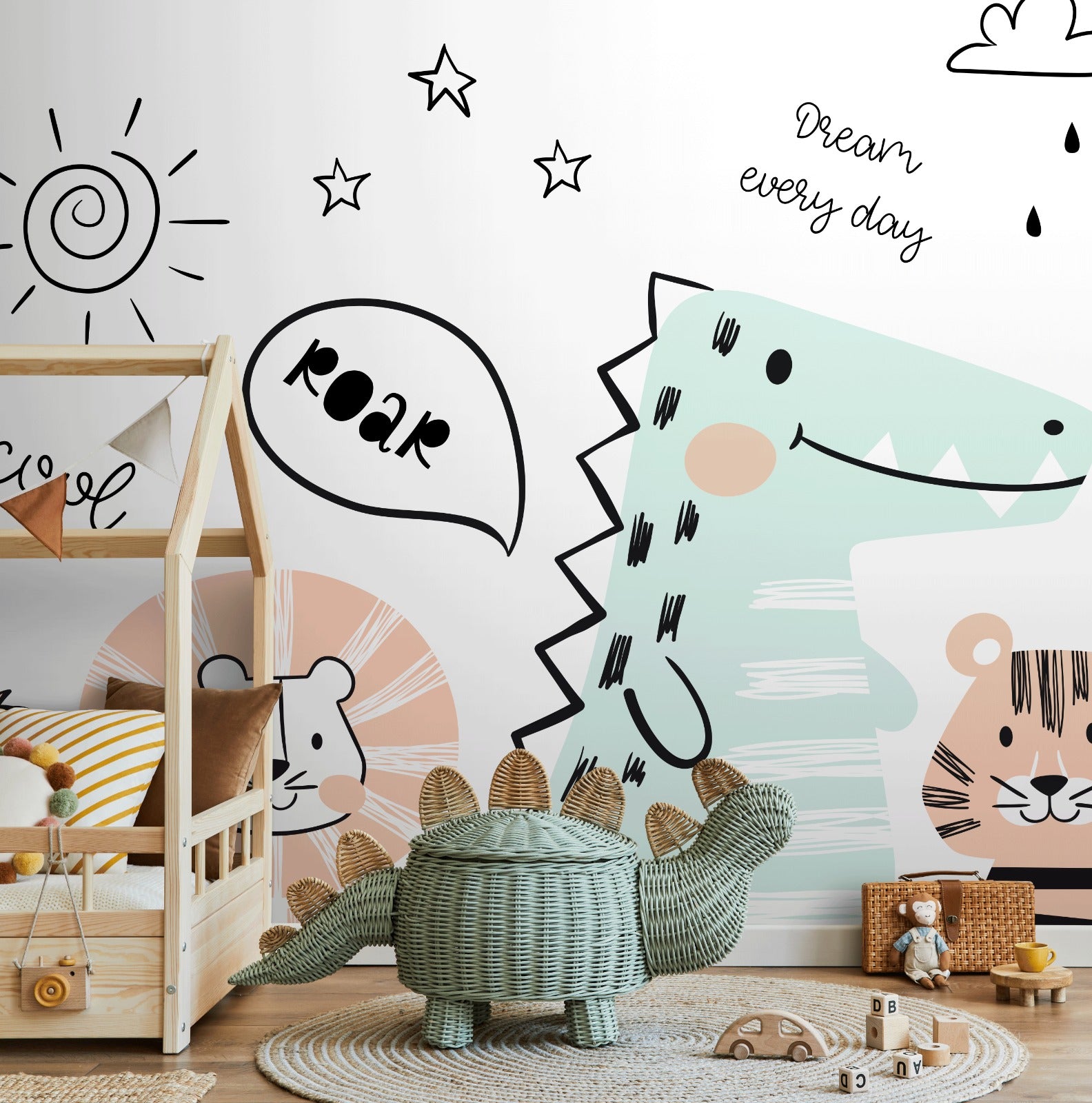Animal Wallpaper With Doodle Style Dinosaur And Friends In Mint Green, Pink, And Black - B723