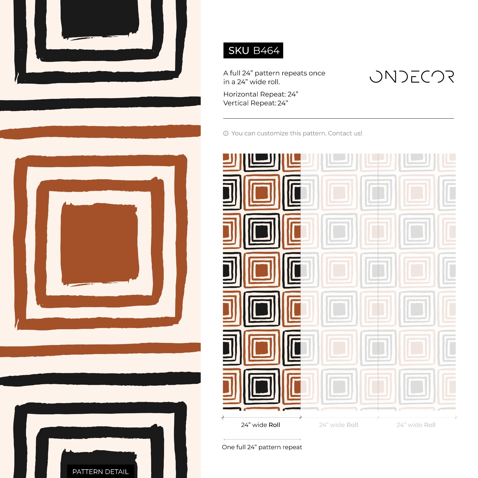 Geometric Wallpaper With Hand-drawn Squares In Black And Terracotta - B464