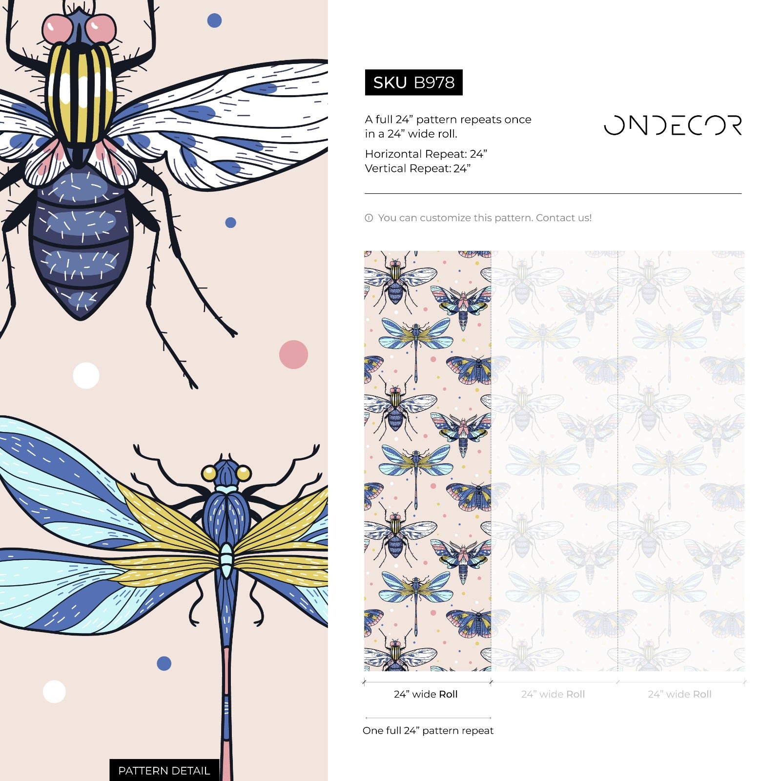 Insect Wallpaper Featuring Moths And Dragonflies In Blue, Pink, And Yellow - B978