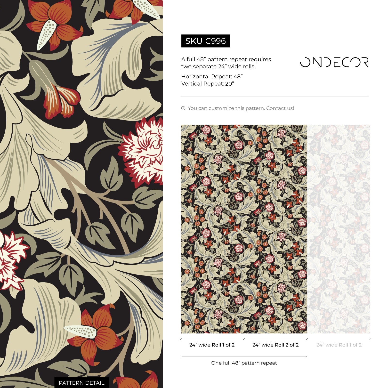 Victorian Wallpaper Featuring Ornate Florals In Black, Red, And Green - C996
