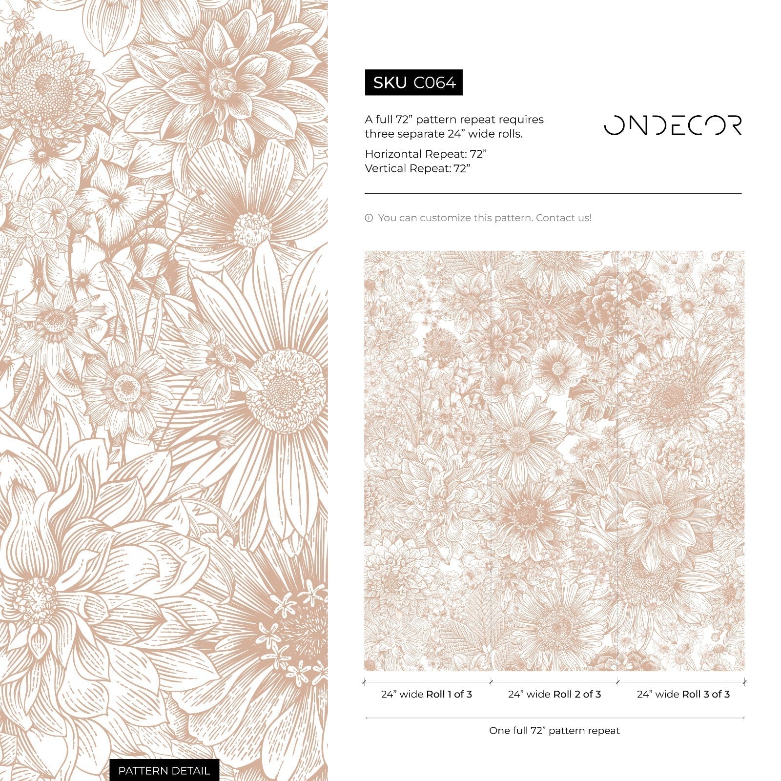 Floral Wallpaper With A Detailed Line Art Motif In Dusty Rose - C064