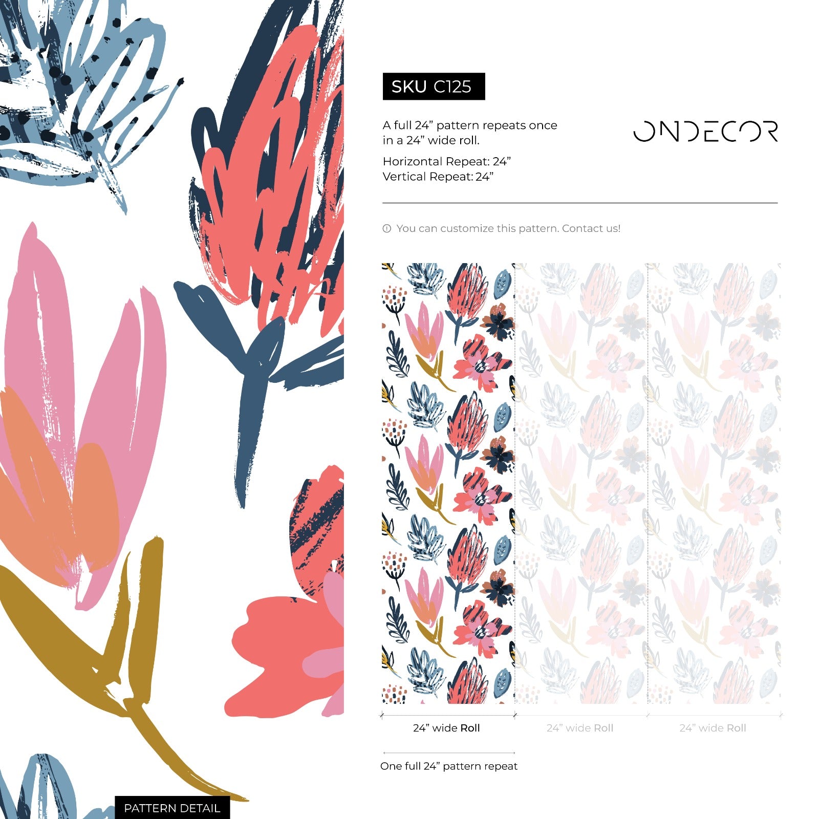 Floral Wallpaper With A Modern Brushstroke Motif In Coral, Blue, And Mustard - C125