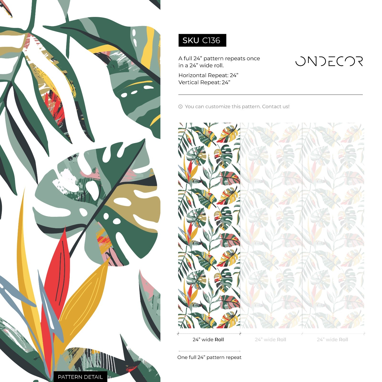 Tropical Wallpaper With Artistic Jungle Leaves In Green, Yellow, And Red - C136