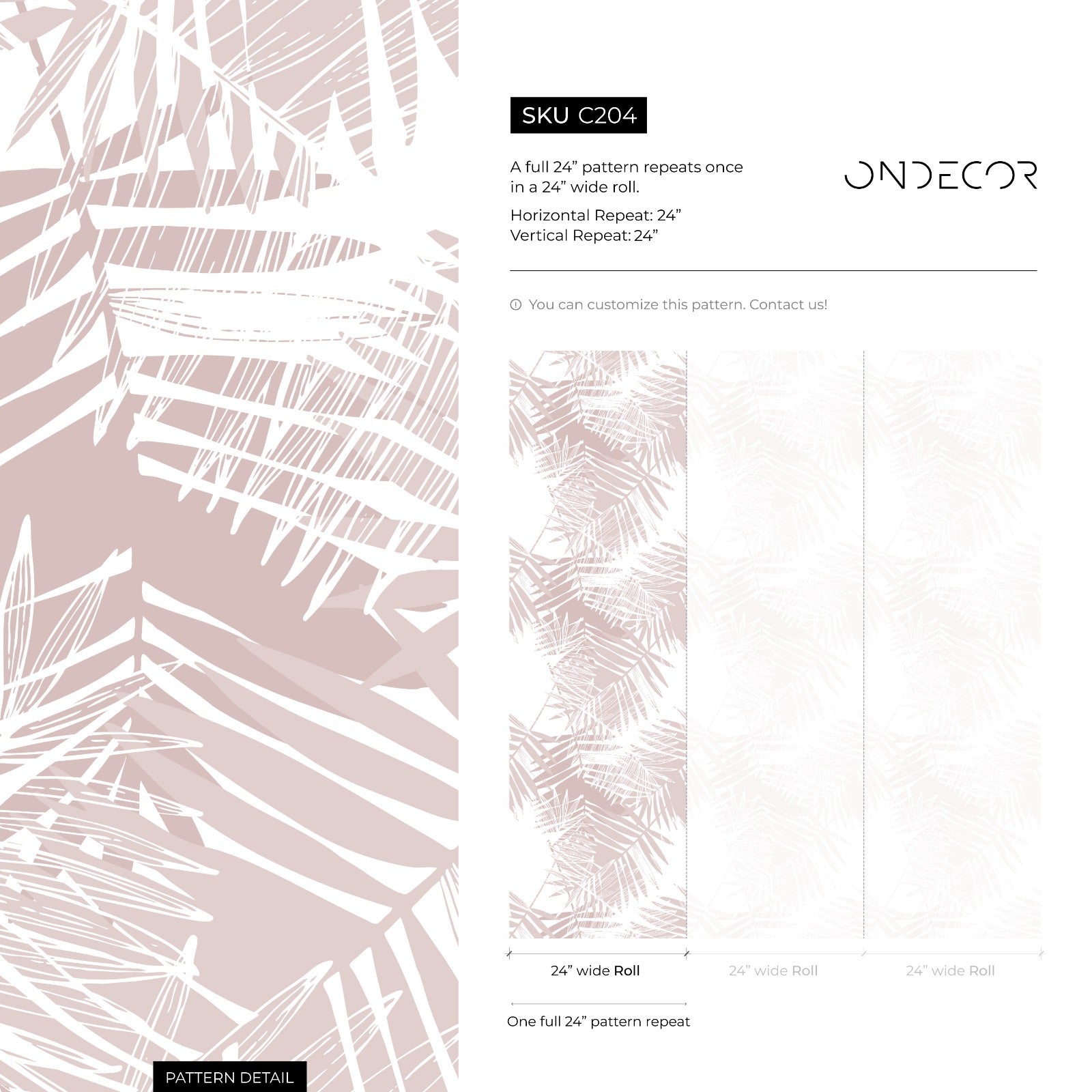 Botanical Wallpaper With A Sketchy Palm Leaf Motif In Dusty Pink - C204