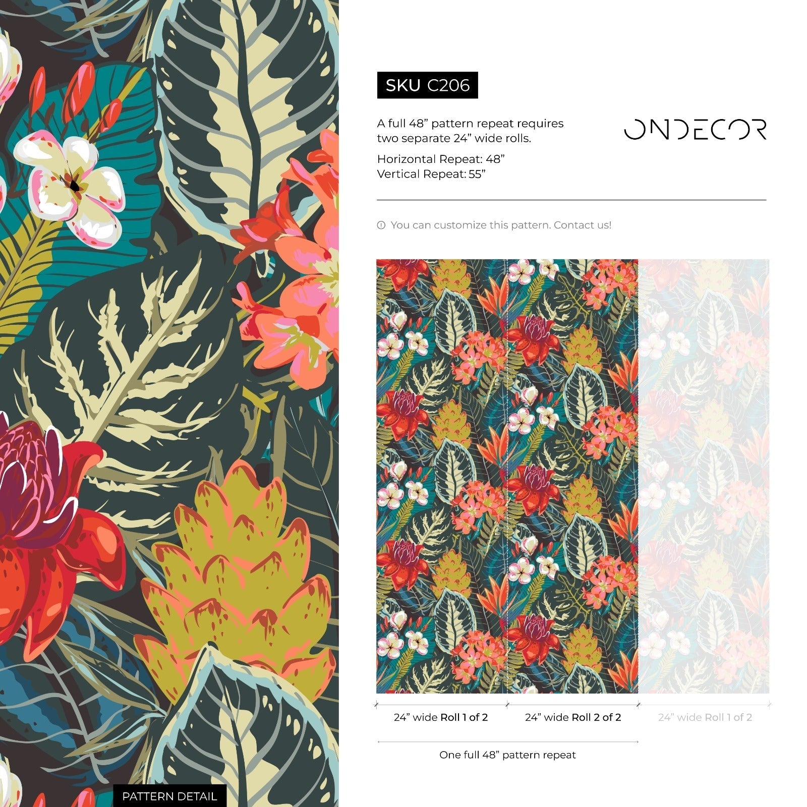Botanical Wallpaper With A Lush Tropical Motif In Red, Pink, And Green - C206
