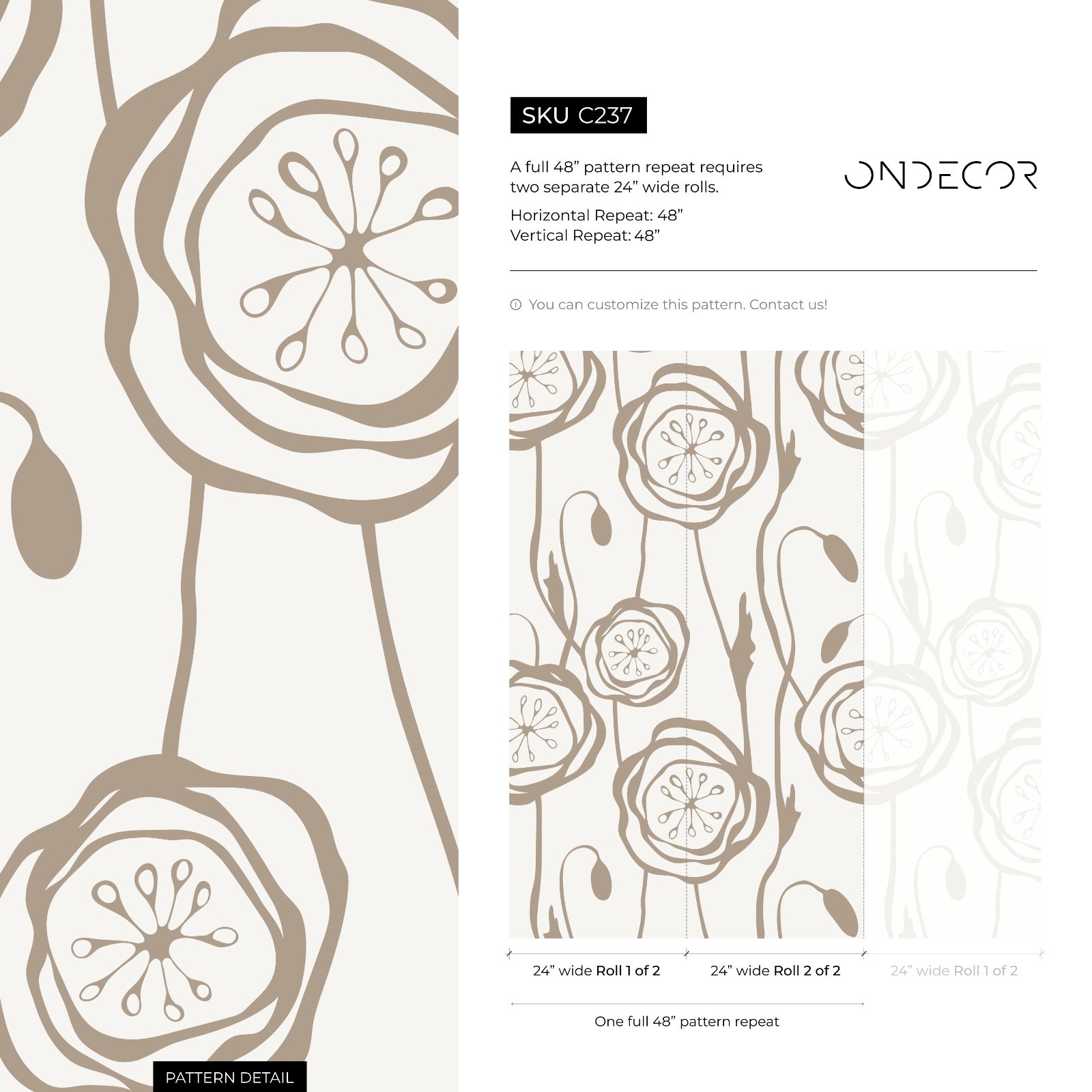 Floral Wallpaper With A Bold Poppy Outline In Taupe - C237