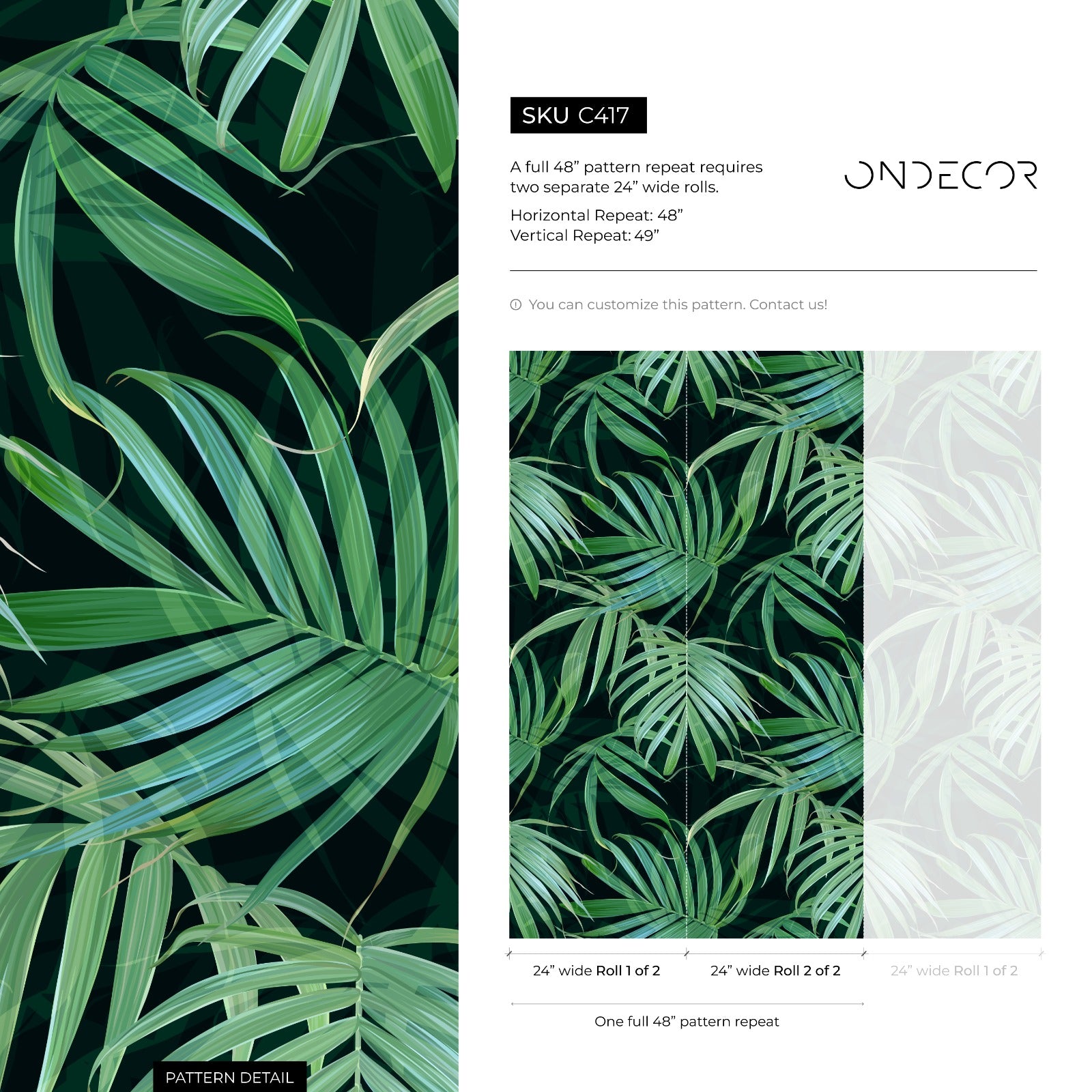 Tropical Wallpaper With Layered Palm Leaves In Green And Black - C417