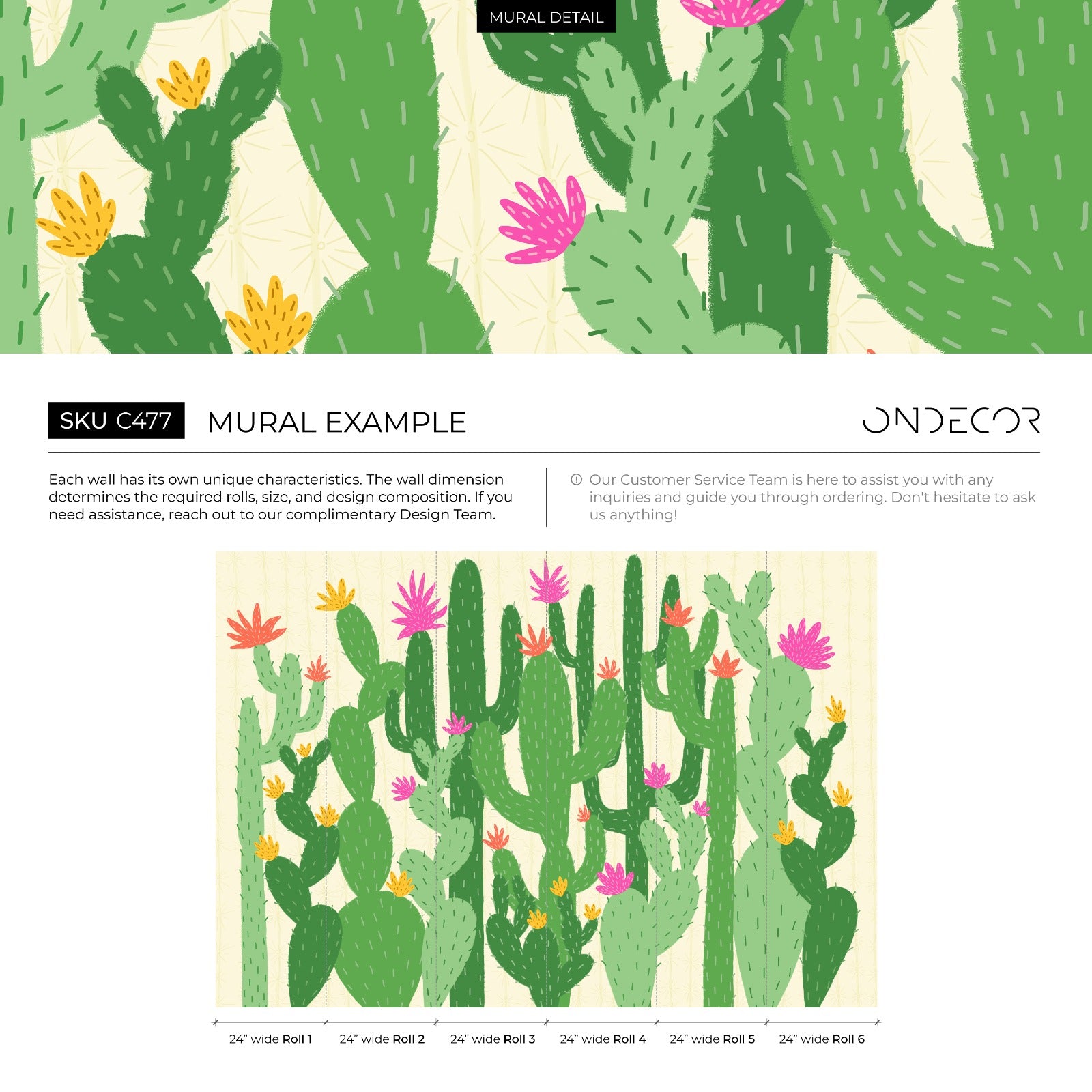 Cactus Wallpaper With Stylized Desert Flowers In Green, Pink, And Yellow - C477