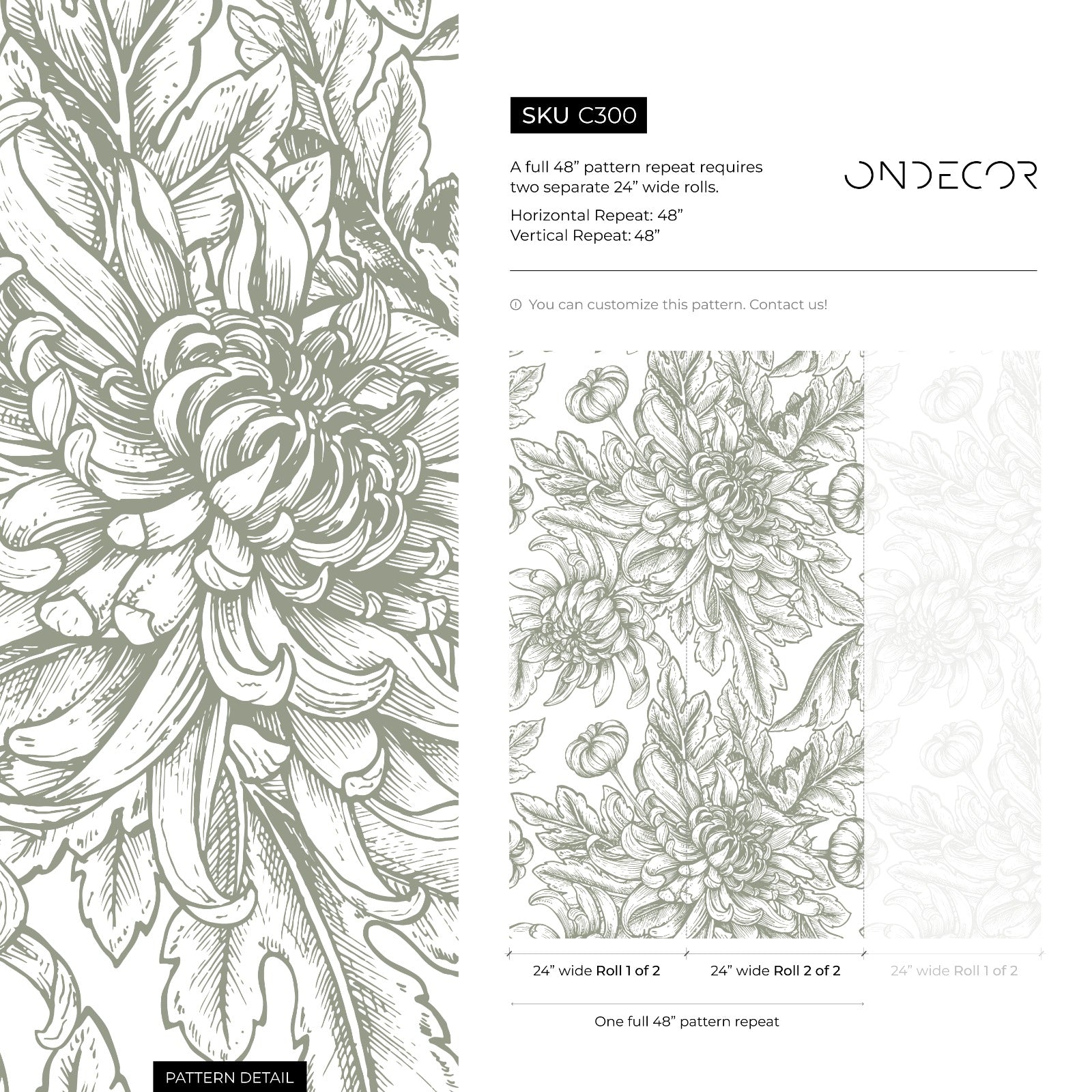 Floral Wallpaper With Hand-drawn Chrysanthemums In Sage Green - C300
