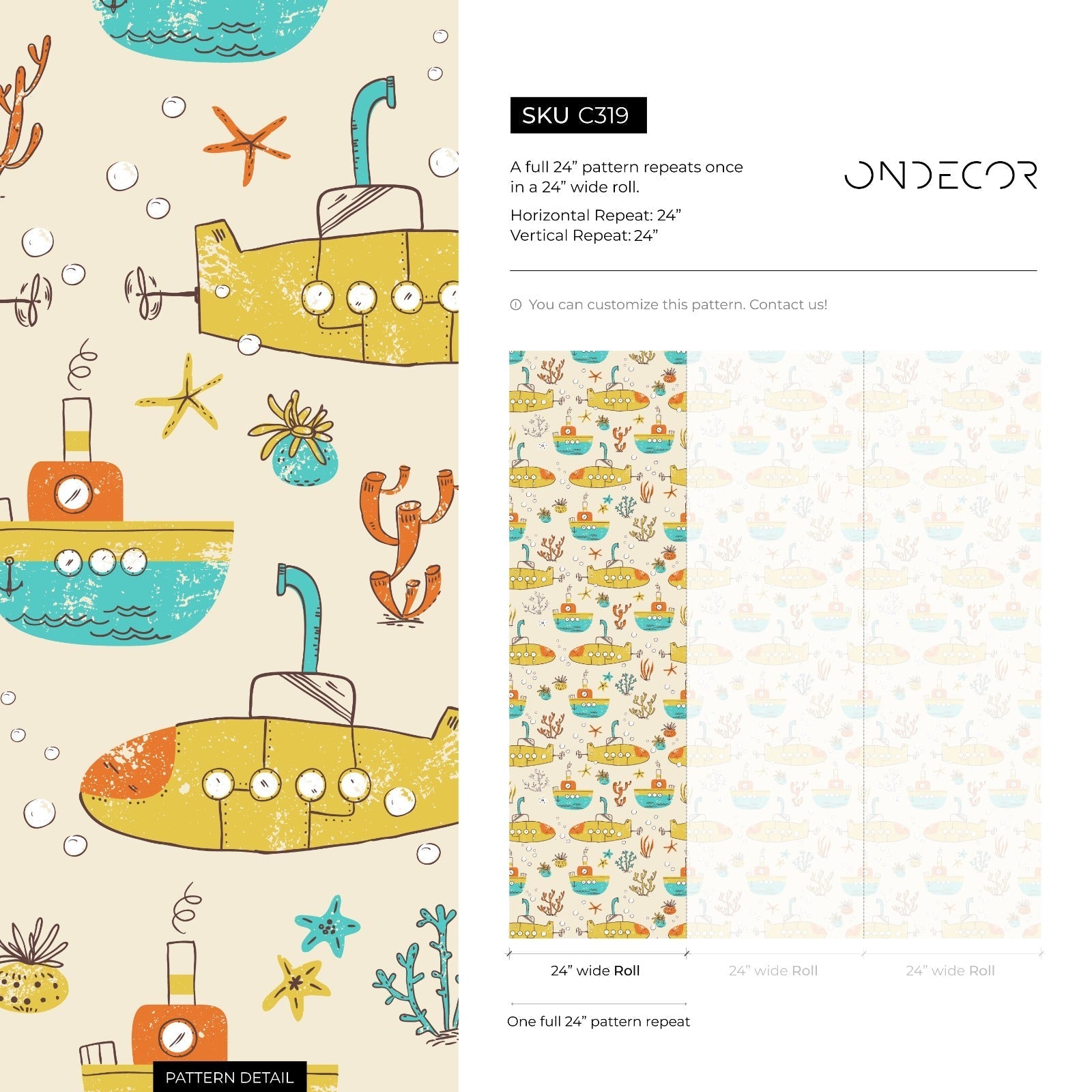 Kids Wallpaper With Illustrated Submarines In Yellow, Teal, And Orange - C319