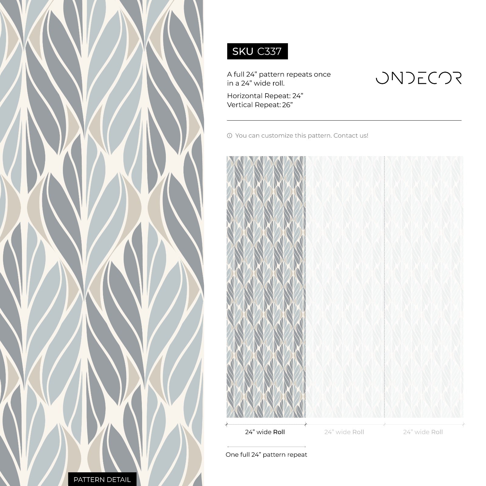 Art Deco Wallpaper With A Stylized Leaf Motif In Blue, Gray, And Beige - C337