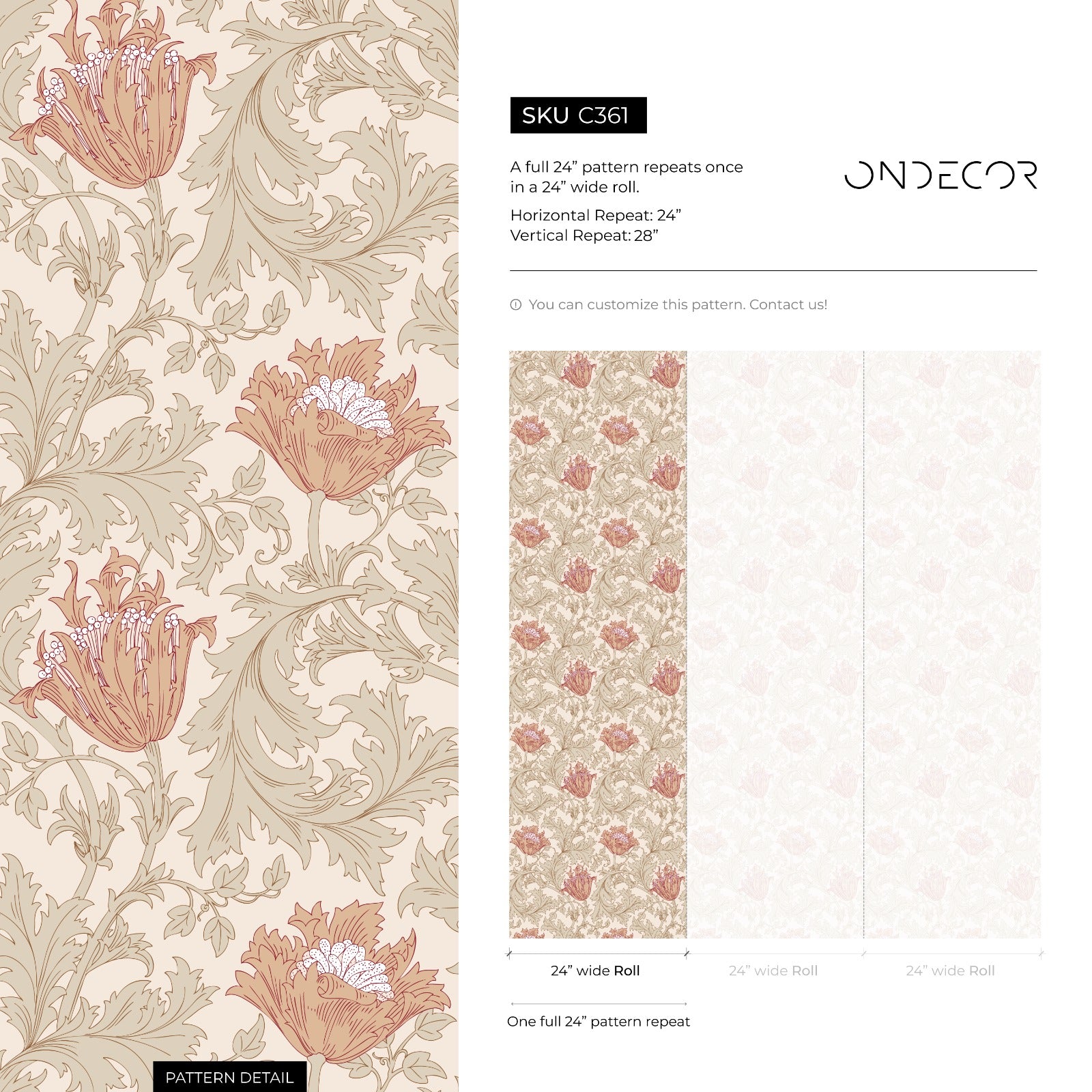 Art Nouveau Wallpaper With Stylized Tulips In Beige, Green, And Terracotta - C361