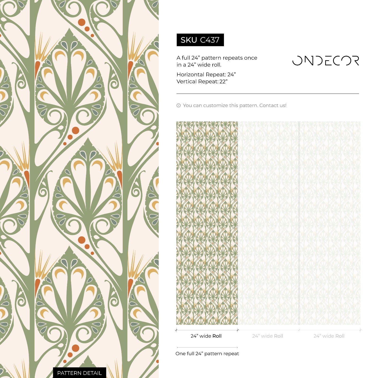 Art Deco Wallpaper With Stylized Botanicals In Green And Orange - C437