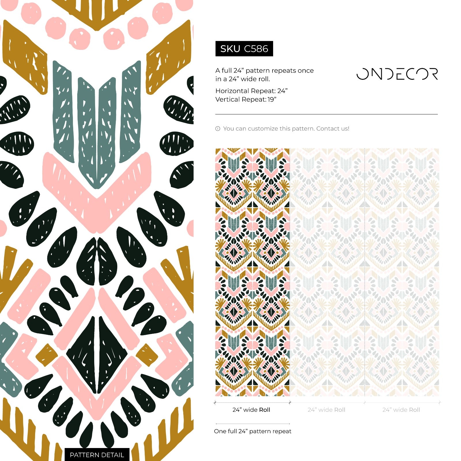 Boho Geometric Wallpaper With A Tribal Motif In Pink, Teal, And Ochre - C586