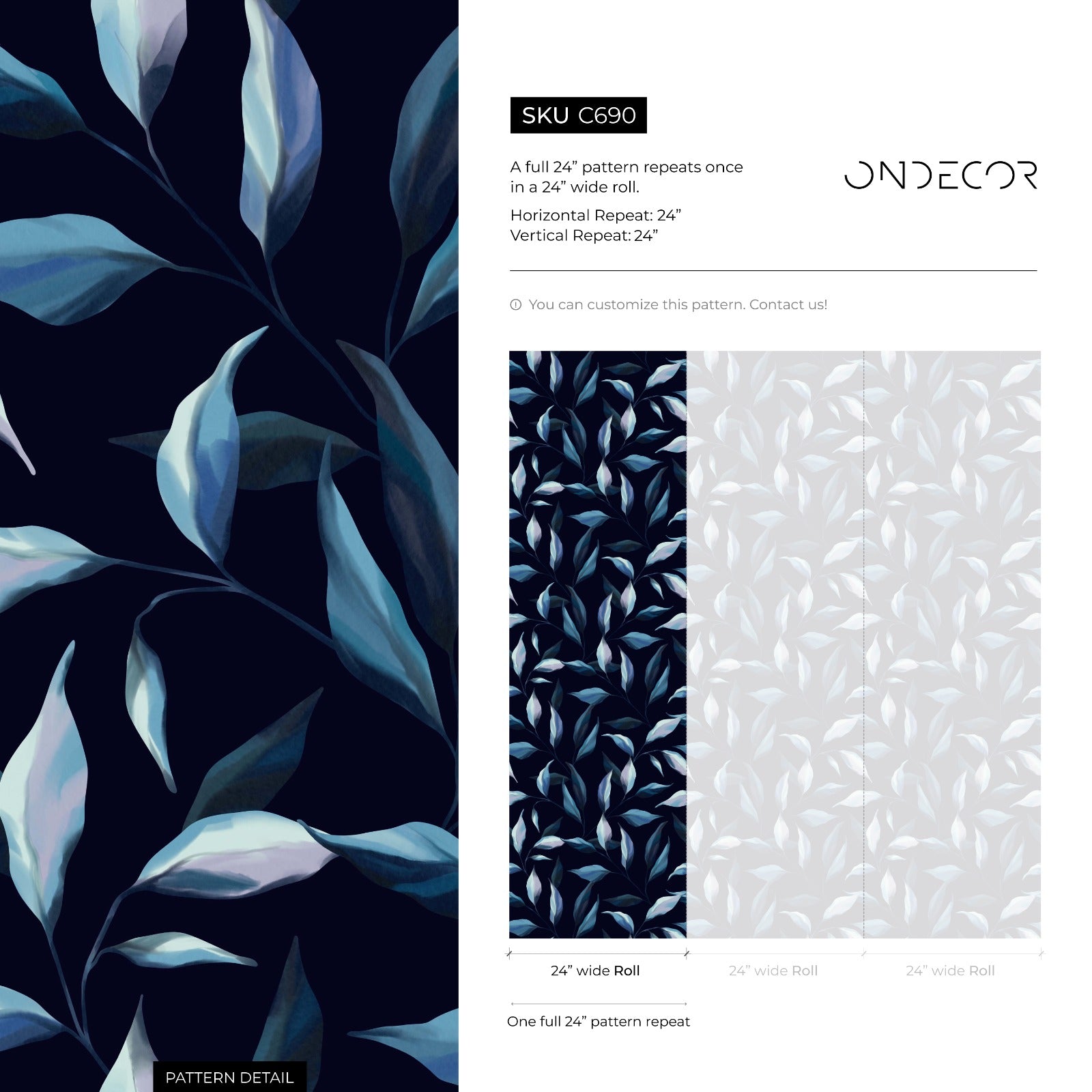 Botanical Wallpaper Featuring Cascading Fern Leaves In Navy And Blue - C690