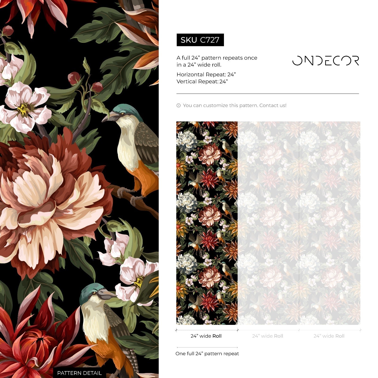 Chinoiserie Wallpaper With Birds And Peonies In Red, Orange And Black - C727