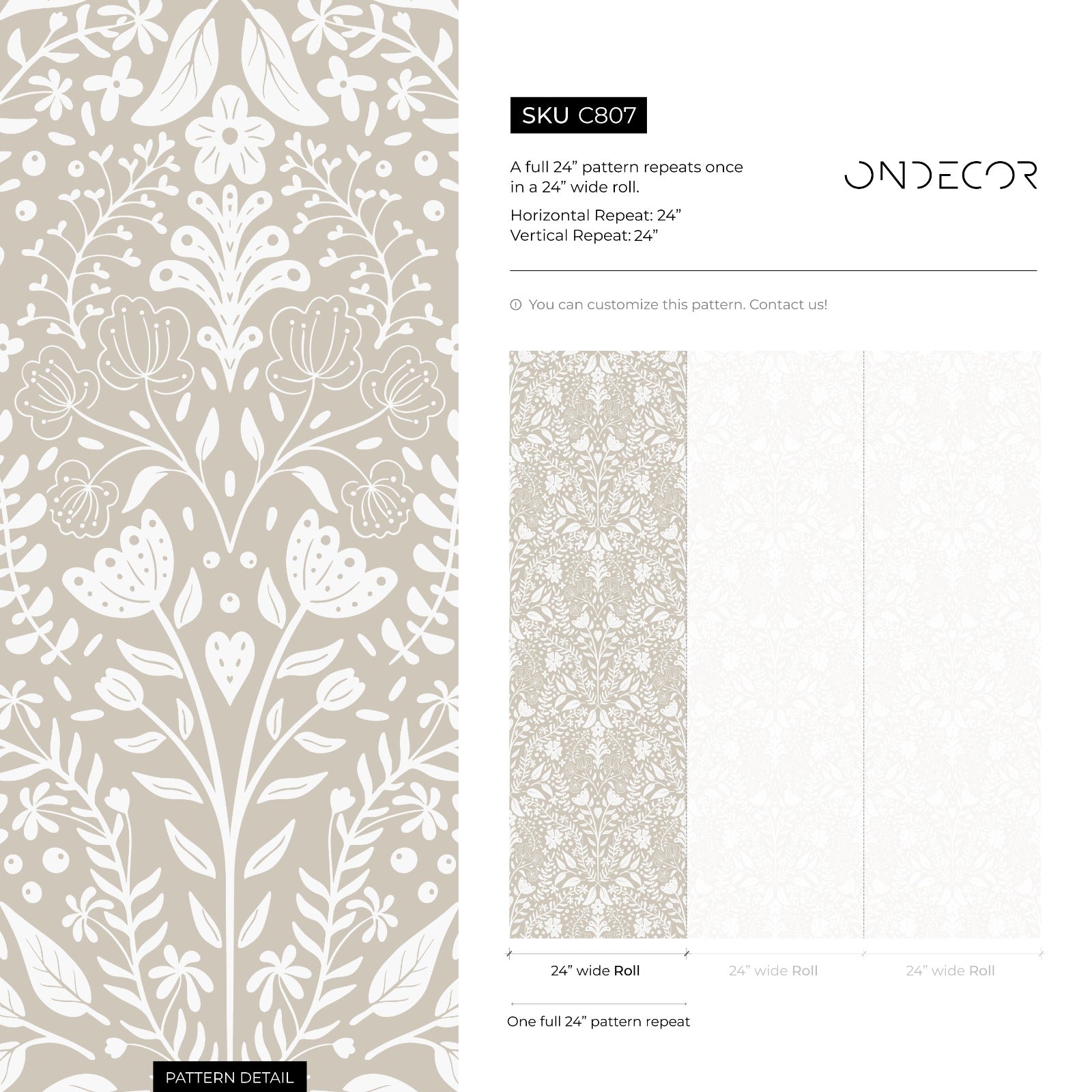 Damask Wallpaper With A Wildflower Motif In Beige And White - C807