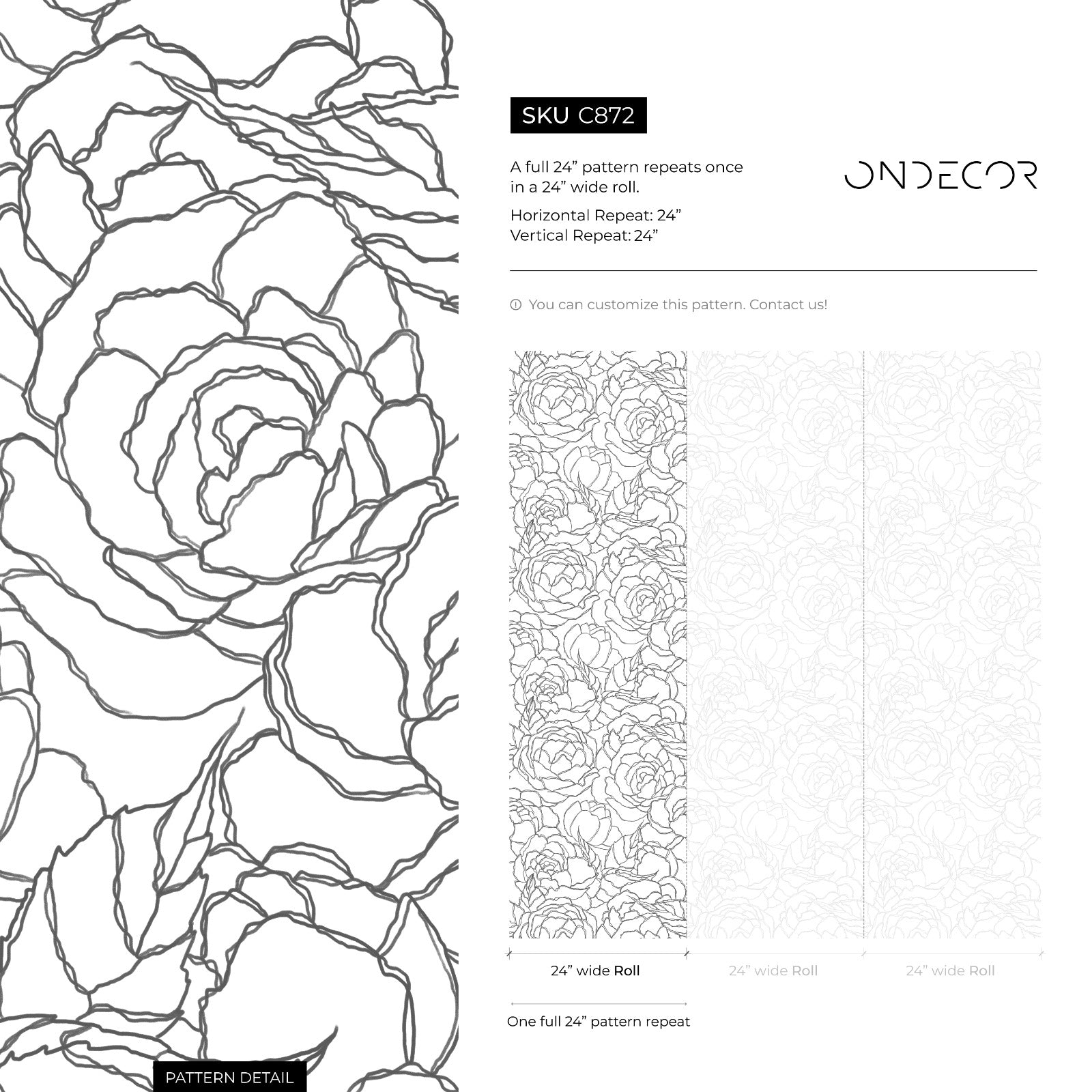 Floral Wallpaper With A Large Peony Line Art Motif In Gray - C872