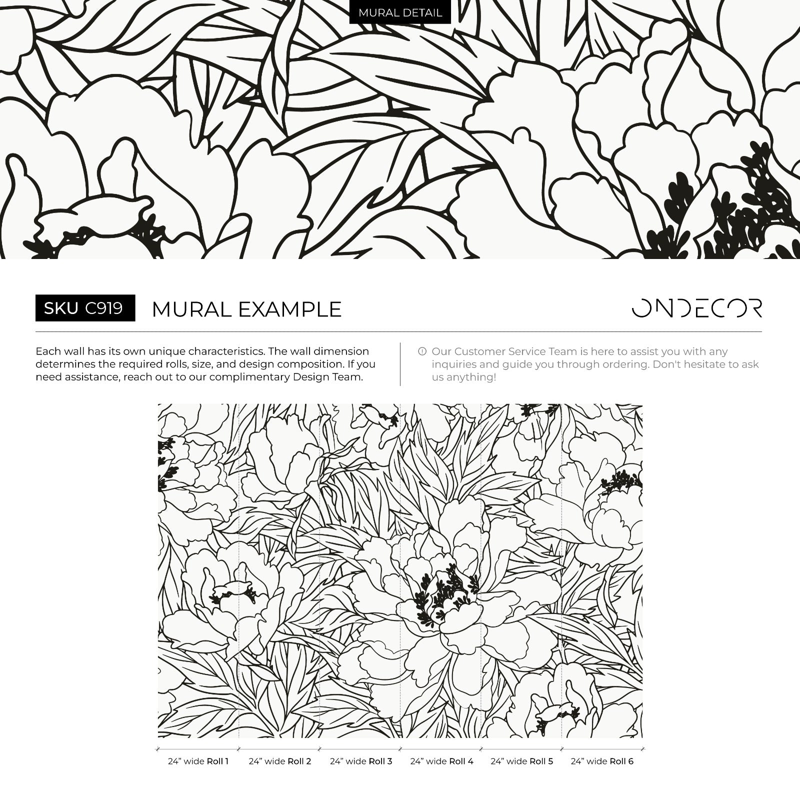 Floral Wallpaper With Large-scale Peony Line Art In Black And White - C919