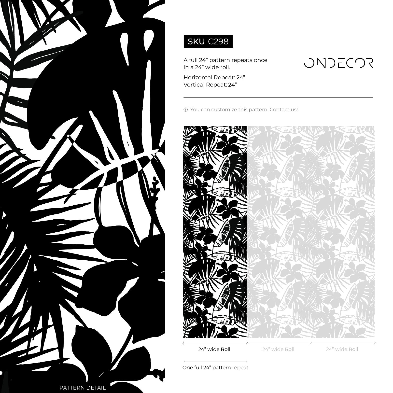 Tropical Wallpaper With Hibiscus And Palm Leaf Silhouettes In Black And White - C298